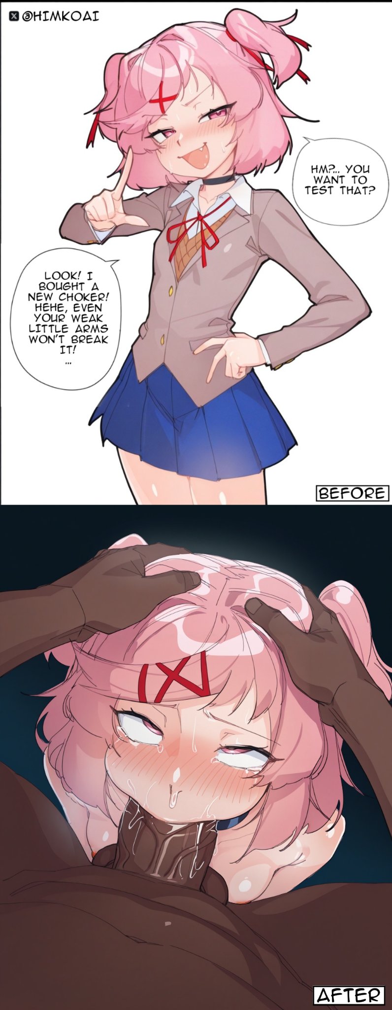 1boy, 1girls, ai generated, blowjob, dark skin, dark-skinned male, doki doki literature club, fellatio, female, interracial, male, natsuki (doki doki literature club)