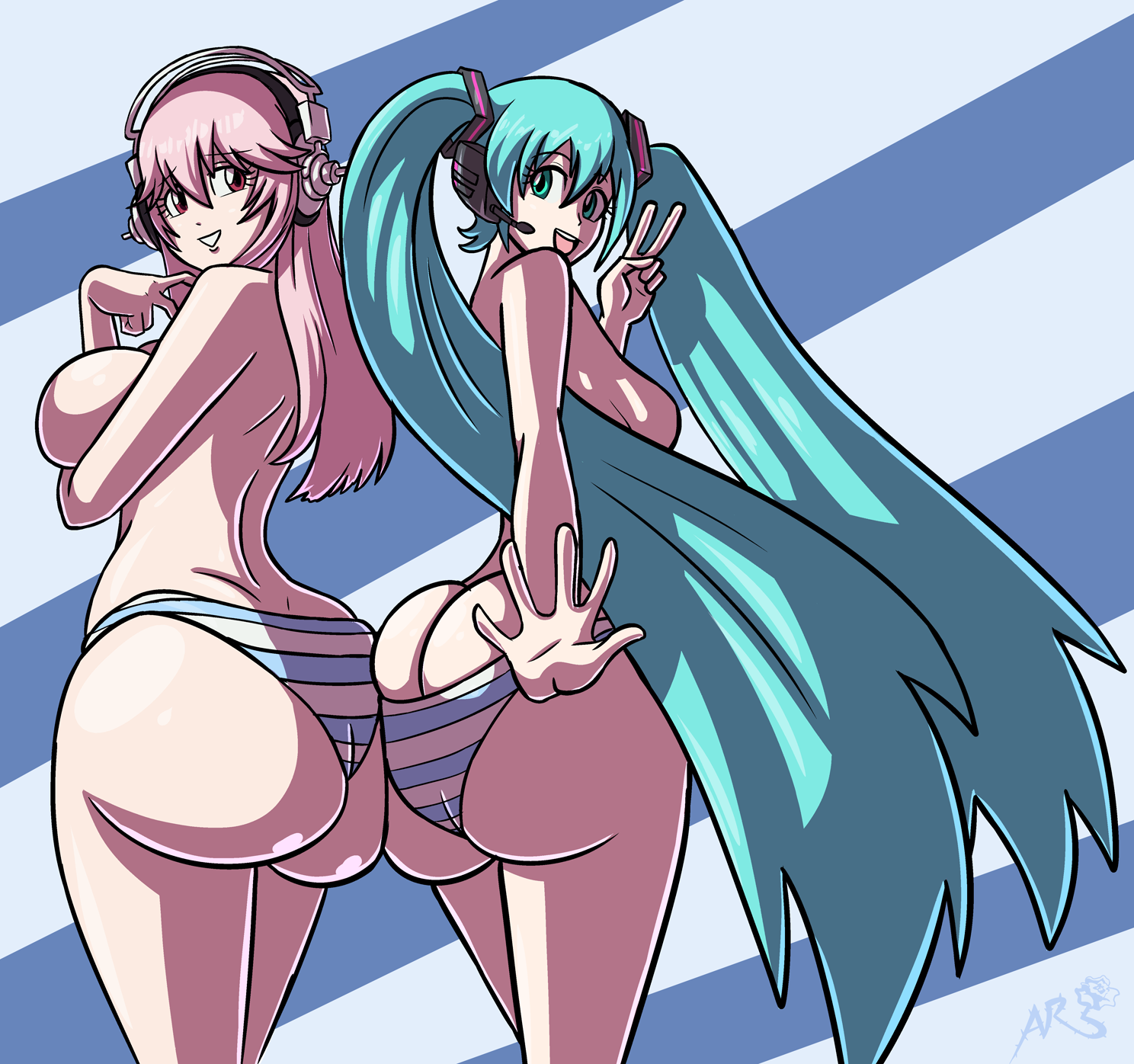 2girls, aqua eyes, aqua hair, ass, ass crack, ass to ass, ass-to-ass, axel-rosered, big ass, big butt, breasts, butt crack, crossover, female, hatsune miku, headphones, huge ass, huge butt, large ass, large breasts, large butt, long hair, looking at viewer, looking back, multiple girls, nitroplus, open mouth, panties, pink eyes, pink hair, sideboob, smile, striped, striped panties, super sonico, topless, twintails, underwear, v, very long hair, vocaloid, wide hips