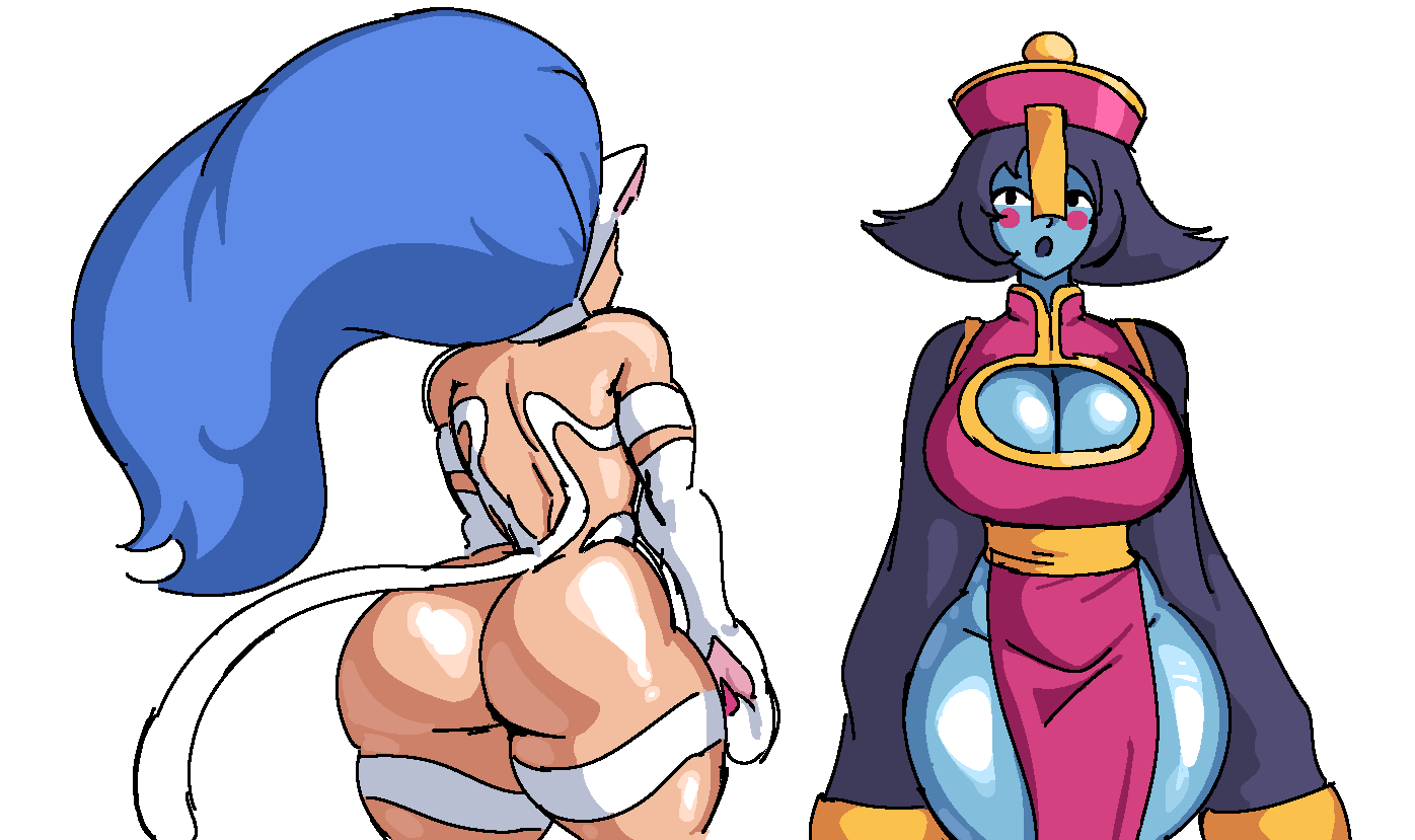2girls, blue skin, darkstalkers, felicia (darkstalkers), female, hsien ko, jiangshi, lei lei, lei-lei, purple hair, royalmilk20, vexwarlock