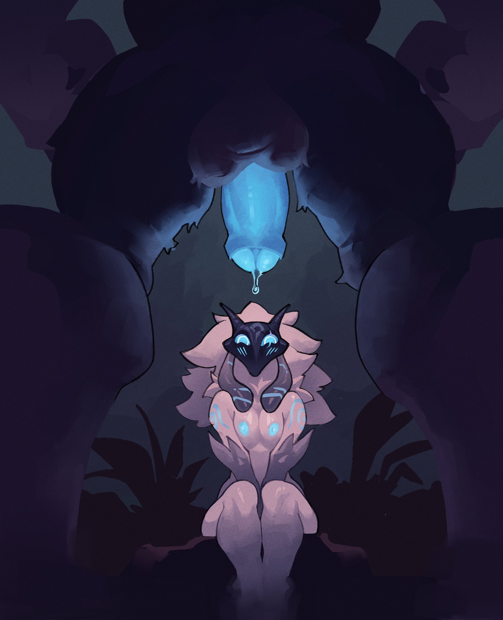 absurd res, anthro, areola, balls, biped, blue areola, blue nipples, blue penis, bovid, canid, canine, canis, caprine, duo, ellipsis, erection, female, fur, genitals, hi res, kindred, lamb (league of legends), league of legends, low-angle view, male, mammal, mask, mask only, mostly nude, nipples, nixie01, nude, penis, riot games, sheep, sitting, tencent, white body, white fur, wolf, wolf (league of legends)