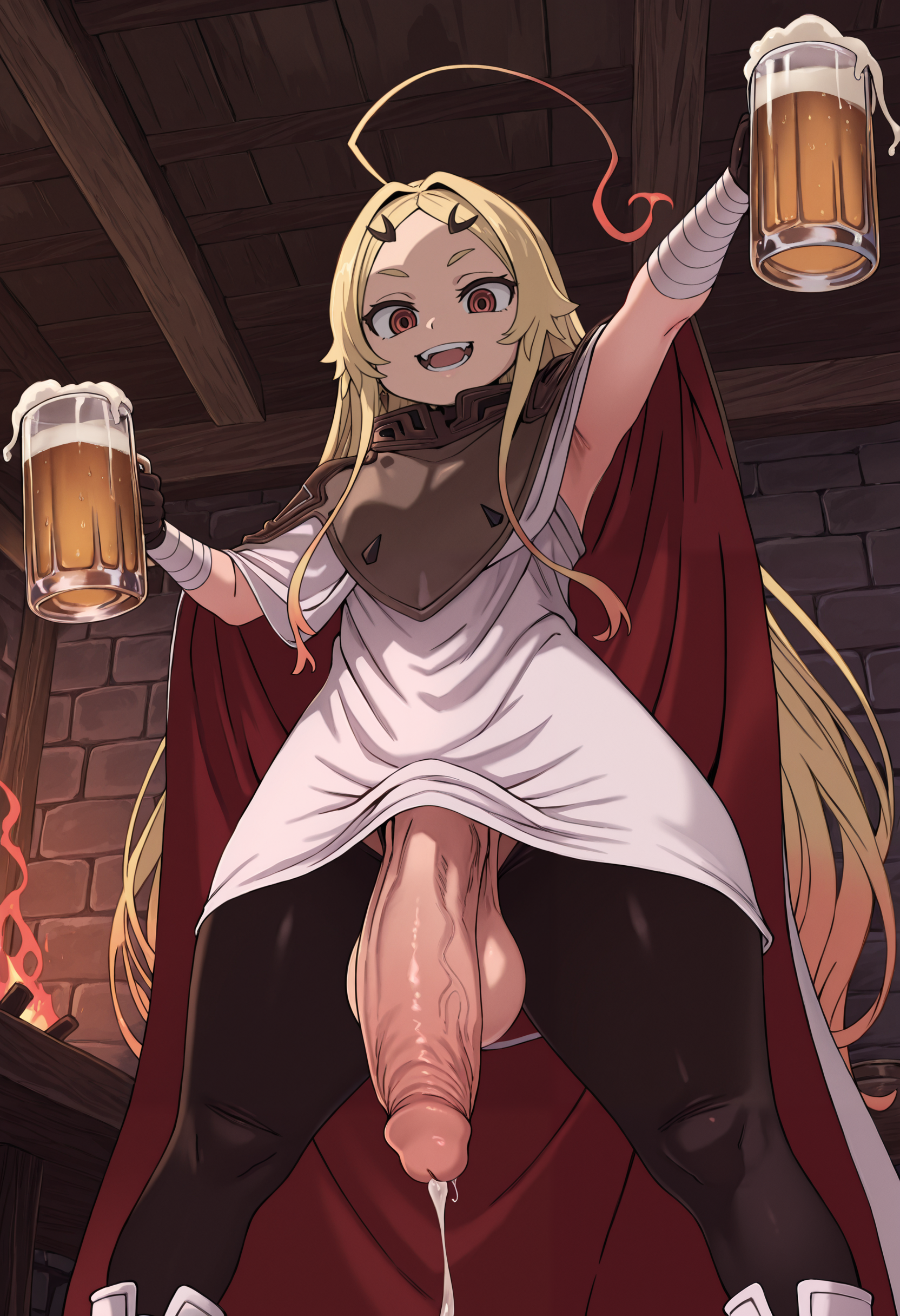1futa, ahoge, ai generated, alternate body type, armpits, bandaged arm, beer, beer mug, big balls, big cock, big penis, black gloves, blonde hair, cloak, cum, female, from below, futanari, high resolution, highres, huge balls, huge cock, leaking cum, leggings, long hair, looking at viewer, mahir0n, offering to viewer, open mouth, penis, red eyes, semen, smile, solo, standing, stone wall, tagme, tagme (character), tagme (series), tavern, tavern background, teeth, teoritta, thick thighs, yuushakei ni shosu