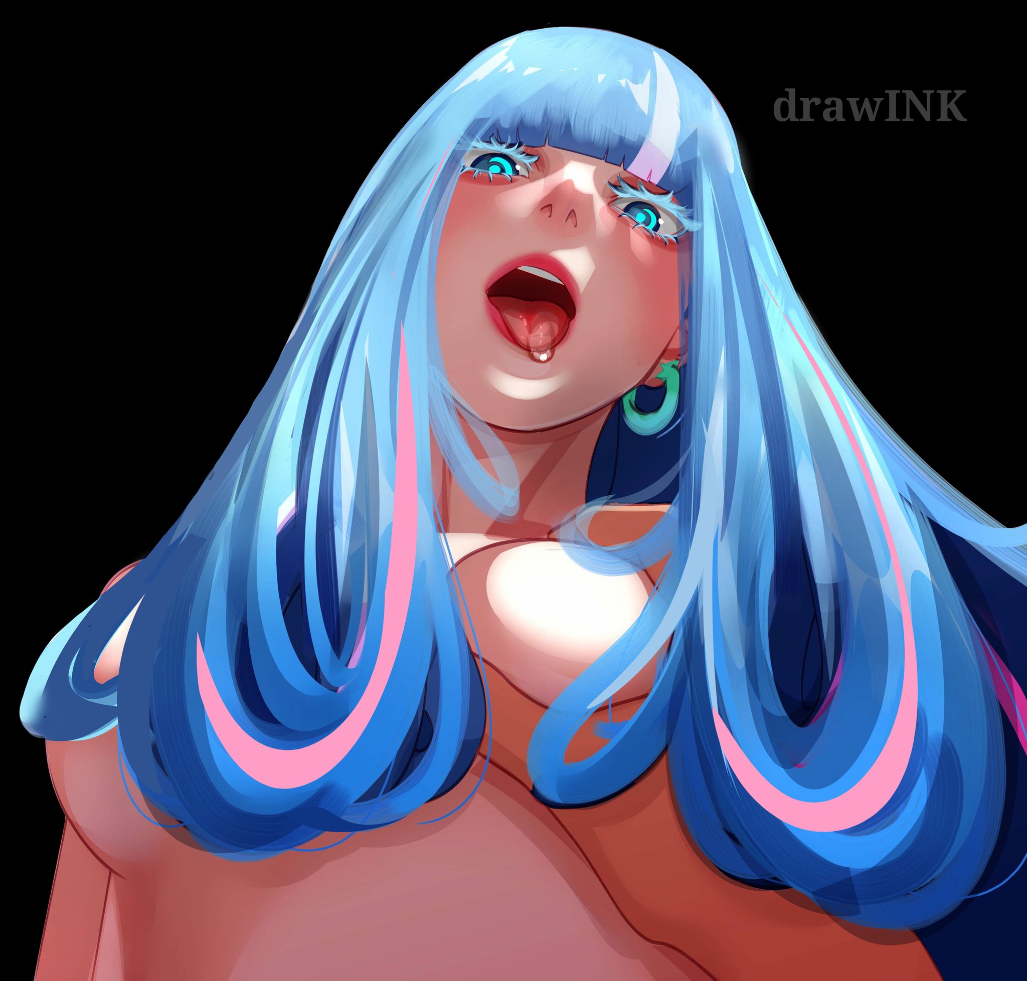 1boy, 1girls, ada (boruto), blush, boruto: two blue vortex, breasts, completely nude, drawink, female, female focus, grabbing breasts, long hair, male, male/female, multicolored hair, naruto, naruto (series), nude, nude female, open mouth, tongue, tongue out, unseen character, unseen male face, unusual bodily fluids, very long hair