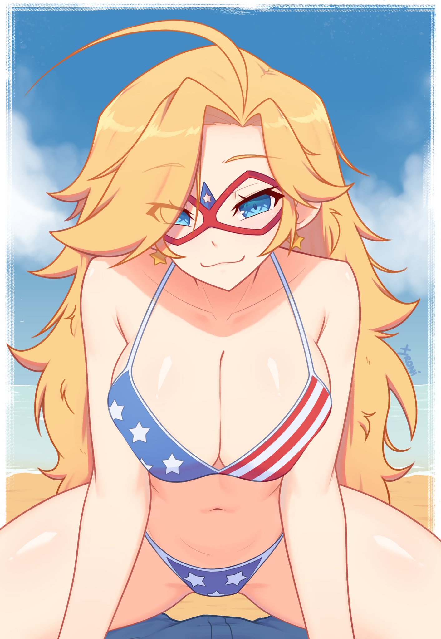 1boy, 1girls, breasts, faceless male, female, inviting to sex, kamen america, kamen america (character), kamen america (series), male, male pov, pov, swimsuit, xyroni
