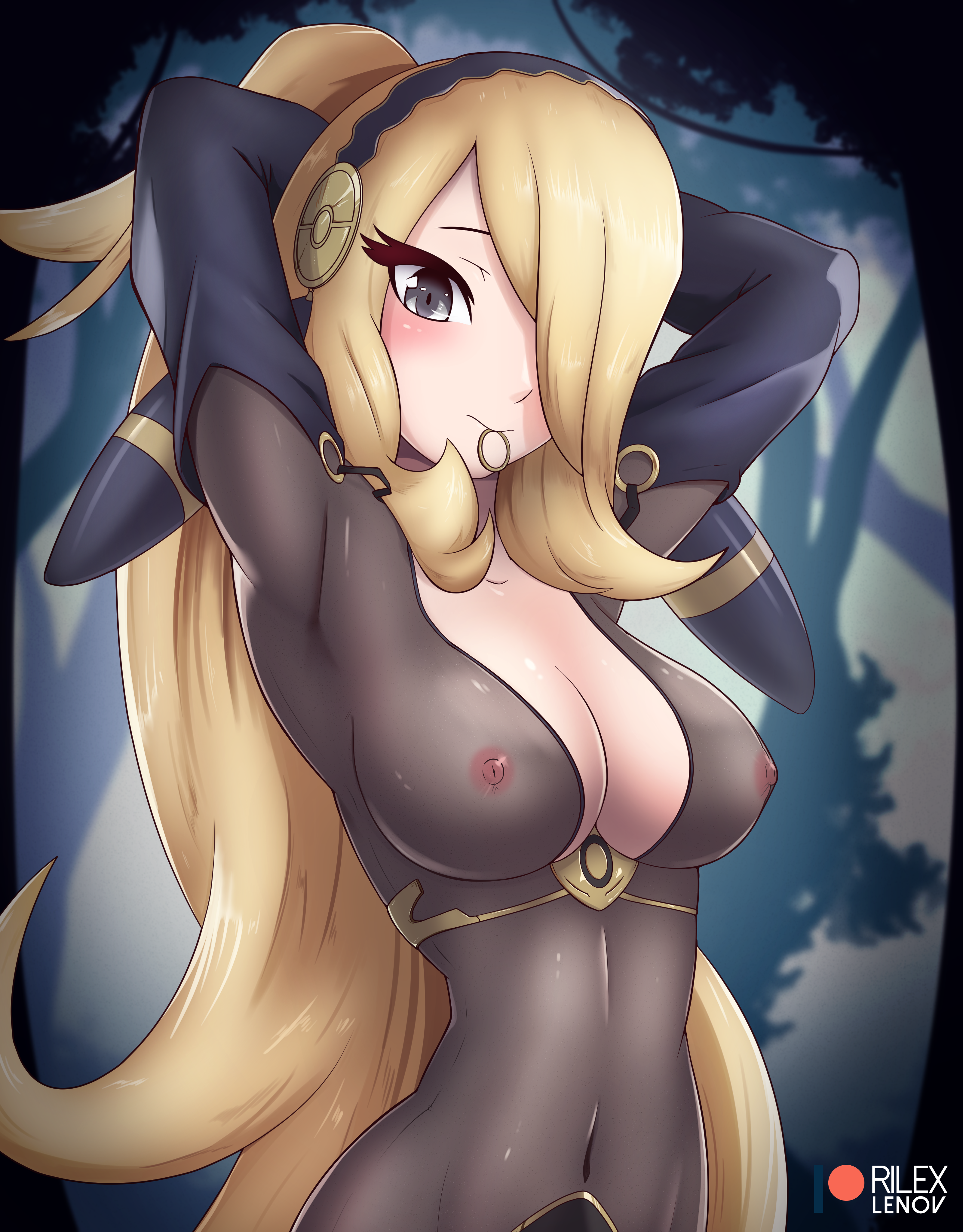 1girls, abs, alternate outfit, areolae, armpits, belly, bodysuit, breasts, cosplay, crossover, cynthia (pokemon), female, female only, fire emblem, fire emblem awakening, grey eyes, hair ornament, hair over one eye, highres, human, long hair, looking at viewer, mouth hold, navel, nintendo, nipples, no penetration, no penis, no sex, patreon, pokemon, pokemon dppt, rilex lenov, ring, see-through, solo, solo female, text, tharja (fire emblem) (cosplay), thin waist, very long hair, watermark