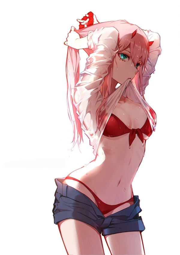 arched back, blank background, breasts, chenaze57, darling in the franxx, female, female focus, female only, holding shirt with mouth, light skin, long hair, looking at viewer, looking sideways, loose shorts, medium breasts, pink hair, red bikini, small horns, standing, transparent shirt, turquoise eyes, tying hair, wet, wet body, wet clothes, zero two (darling in the franxx)