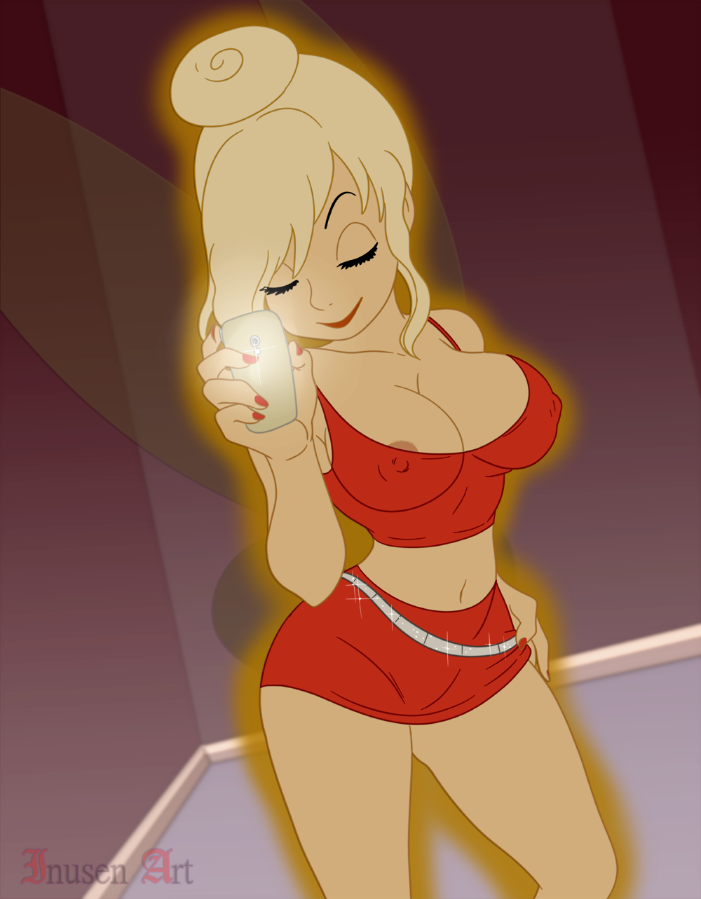 1girls areola_slip beltskirt big_breasts blonde_hair breasts busty cleavage closed_eyes crop_top discreenvision disney disney_fairies erect_nipples fairy fairy_wings female female_only hair_bun hourglass_figure inusen miniskirt mirror_selfie nail_polish navel nipple_bulge peter_pan_(disney) phone red_skirt selfie short_skirt skirt smile solo thick_thighs tied_hair tinker_bell voluptuous wide_hips wings