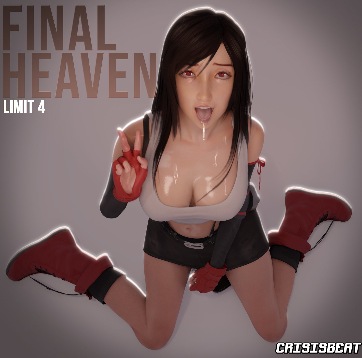 1girls, 3d, big breasts, breasts, brown hair, cleavage, clothed, crisisbeat, female, female only, final fantasy, final fantasy vii, kneeling, large breasts, looking at viewer, looking up, open mouth, peace sign, red eyes, shiny skin, skirt, solo, solo female, sweat, tagme, tank top, tifa lockhart, tongue