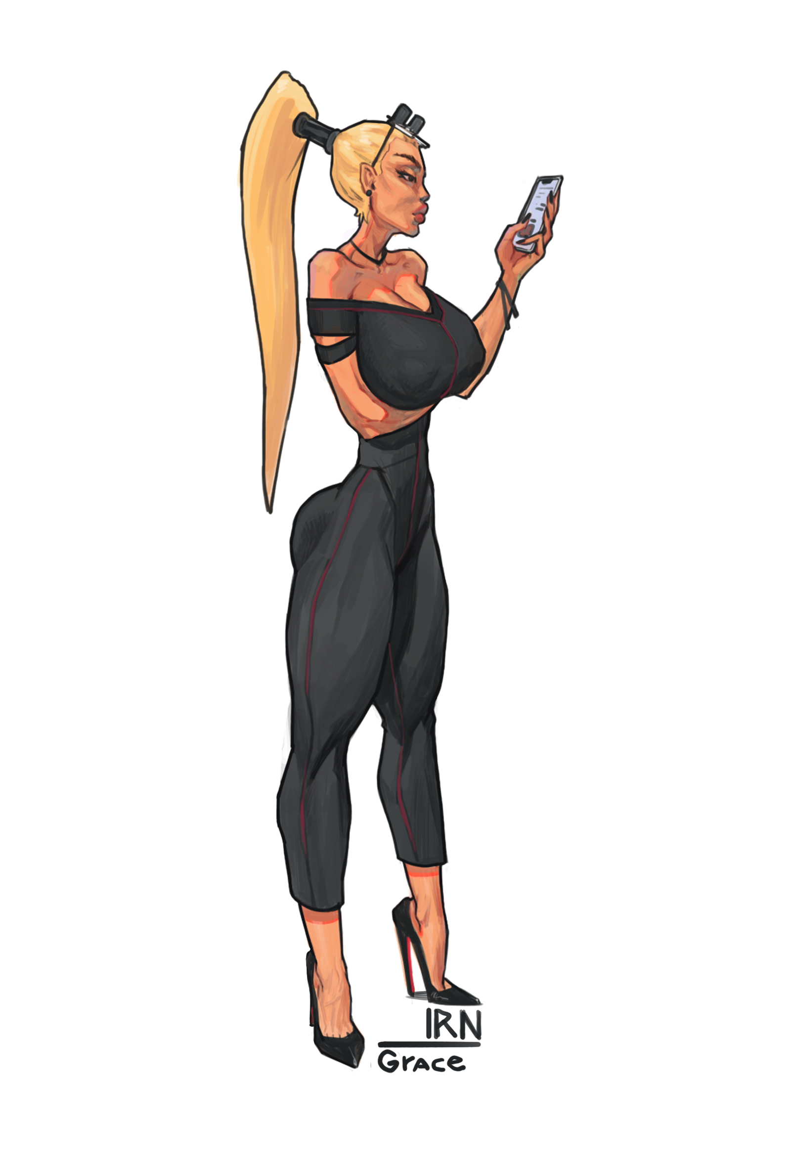 big breasts, bimbo, black dress, blonde hair, breasts, female, glasses, heels, iranon, original character, skinny, smartphone, tail, thin