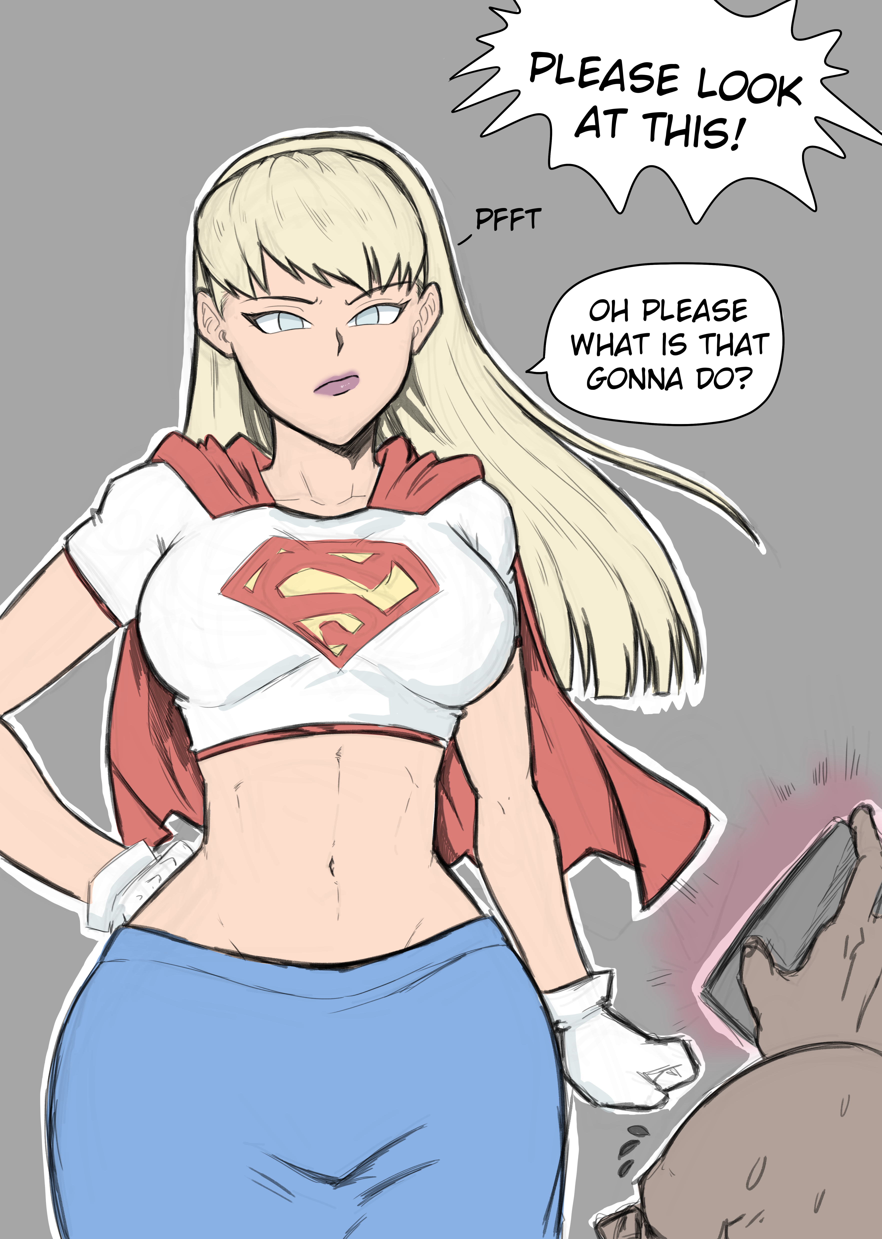 1boy, 1girls, aima zero, before sex, blonde hair, blue eyes, blue skirt, crop top, dark-skinned male, dc comics, dcau, dialogue, hourglass figure, hypnosis, hypnotized female, interracial, kara zor-el, kryptonian, mind control, miniskirt, part of a set, red cape, supergirl, supergirl (dcau), superheroine, superman: the animated series, text, white shirt