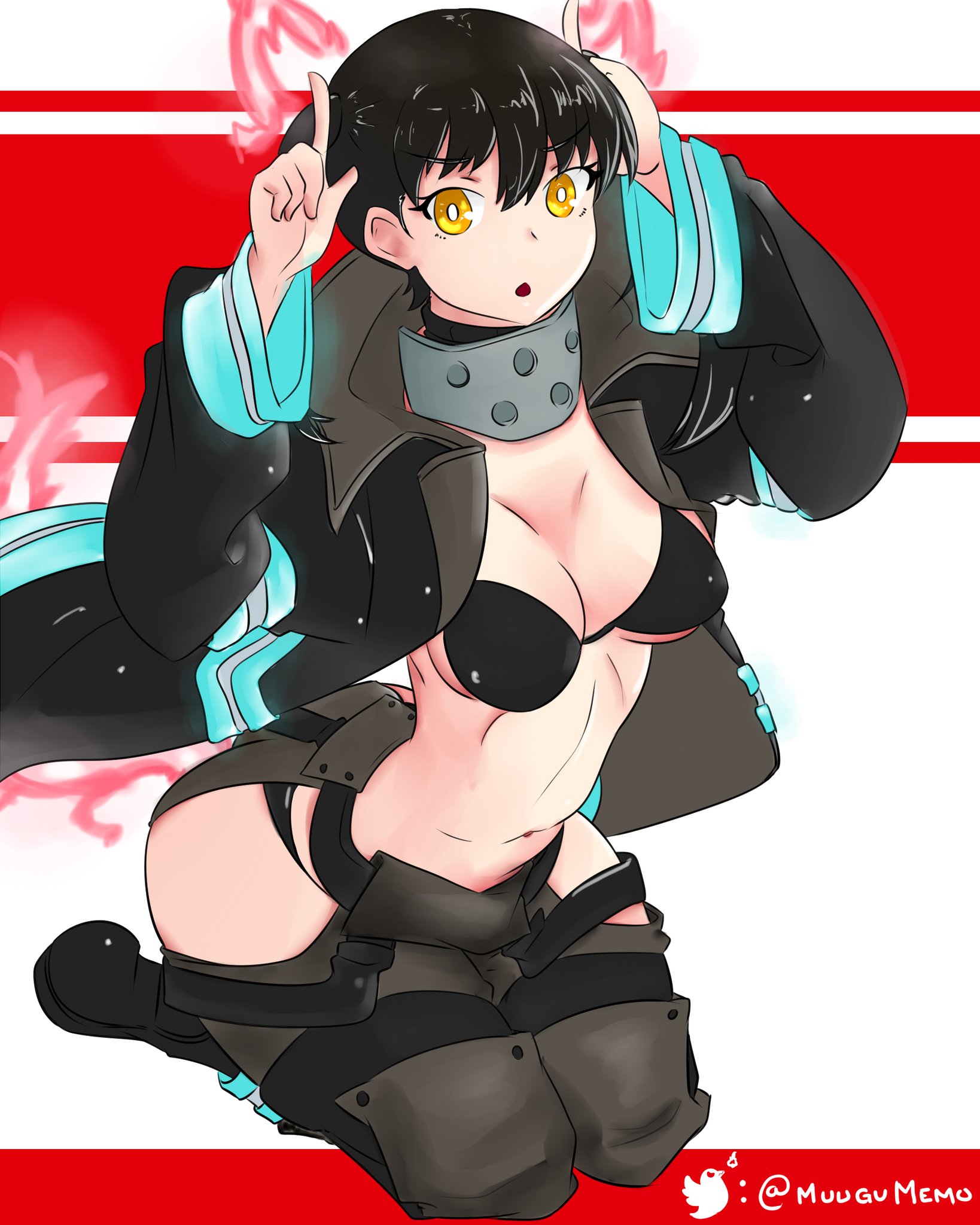 :o, 1girls, animal ears, bangs, black hair, breasts, cat ears, cat tail, cleavage, enen no shouboutai, eyelashes, fake animal ears, female, female only, fire, fire force, front view, full body, hair between eyes, human, jacket, kneeling, kotatsu tamaki, large breasts, long hair, looking at viewer, muugumemo, navel, nipple bulge, solo, twintails, yellow eyes