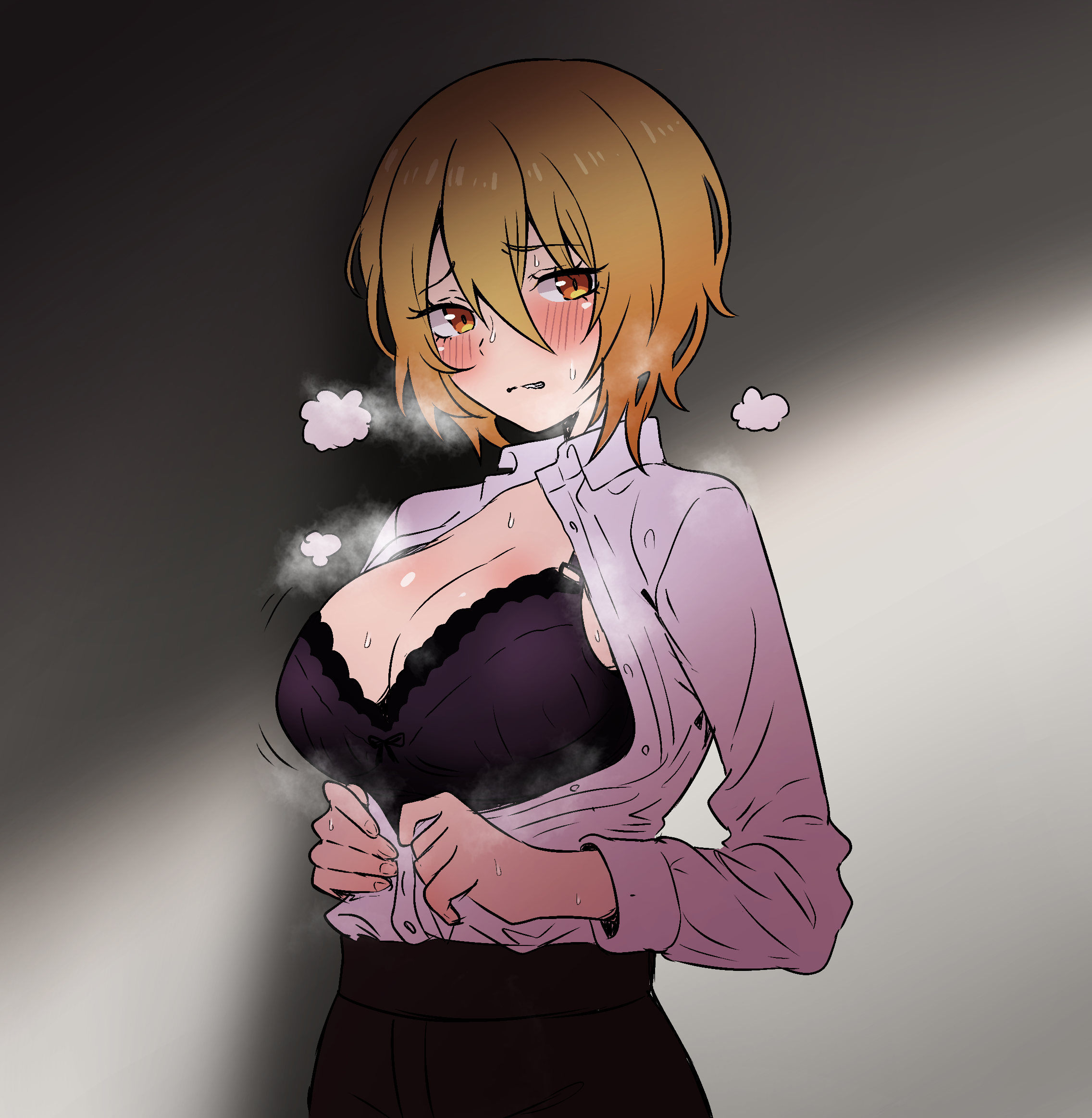 1girls, blonde hair, blush, blushing, bra, breasts, breath, don quixote (limbus company), female, female only, large breasts, limbus company, looking at viewer, panties, project moon, shirt, short hair, shy, solo, sweat, white shirt, yellow eyes