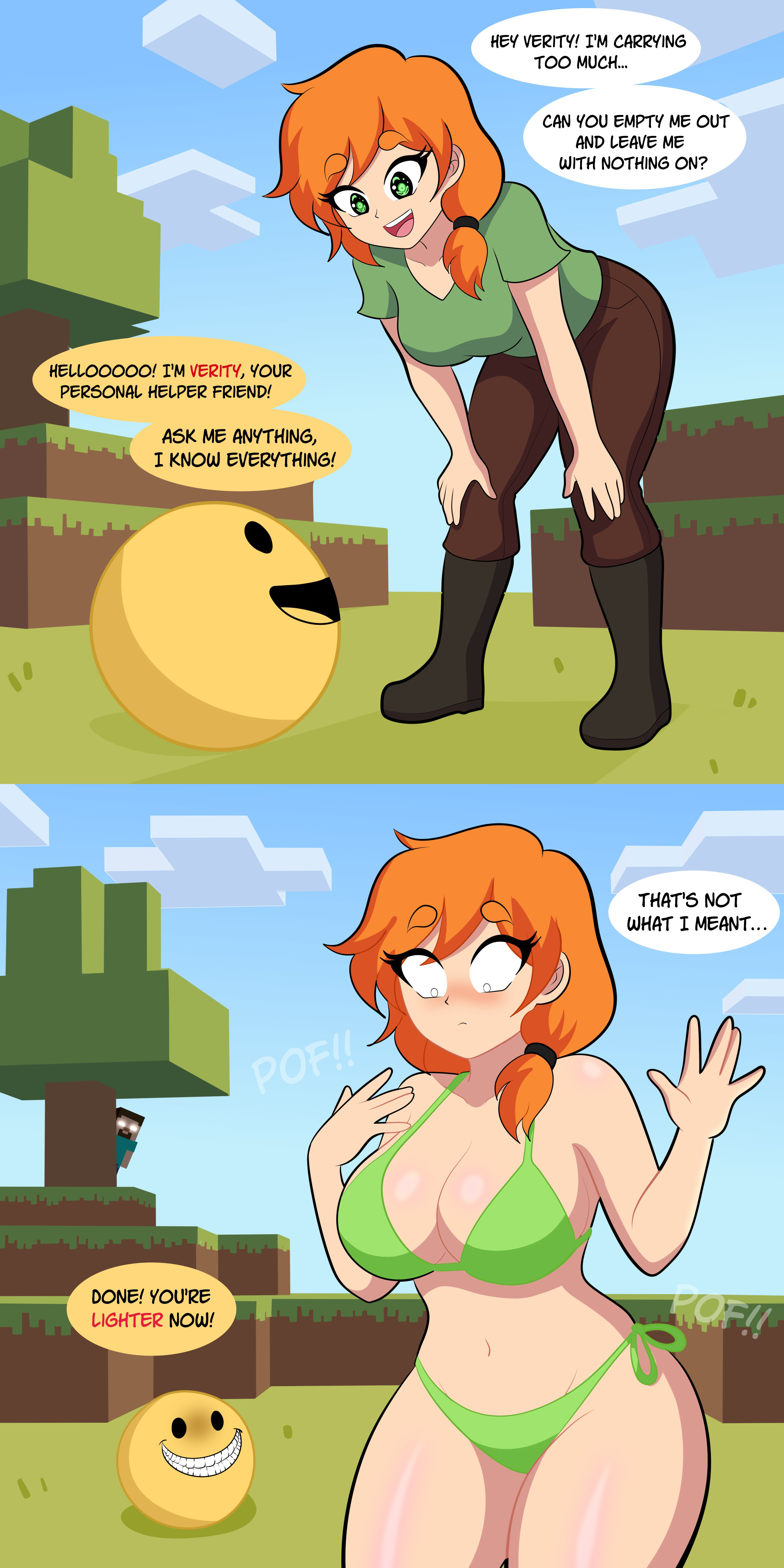 alex (minecraft), alxdraws, background, blush, bra, breasts, comic, dot eyes, embarrassed, english text, green eyes, herobrine, hips, light skin, minecraft, mischievous smile, misunderstanding, mojang, onomatopoeia, panties, red hair, smile, smiley face, speech, text, underwear, undressing, verity (thatmob), yellow skin