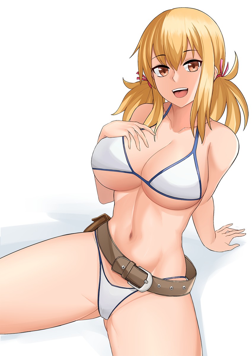 1girls 2d aori_sora belly bikini blonde_hair breasts brown_eyes fairy_tail lucy_heartfilia solo_female twintails white_bikini