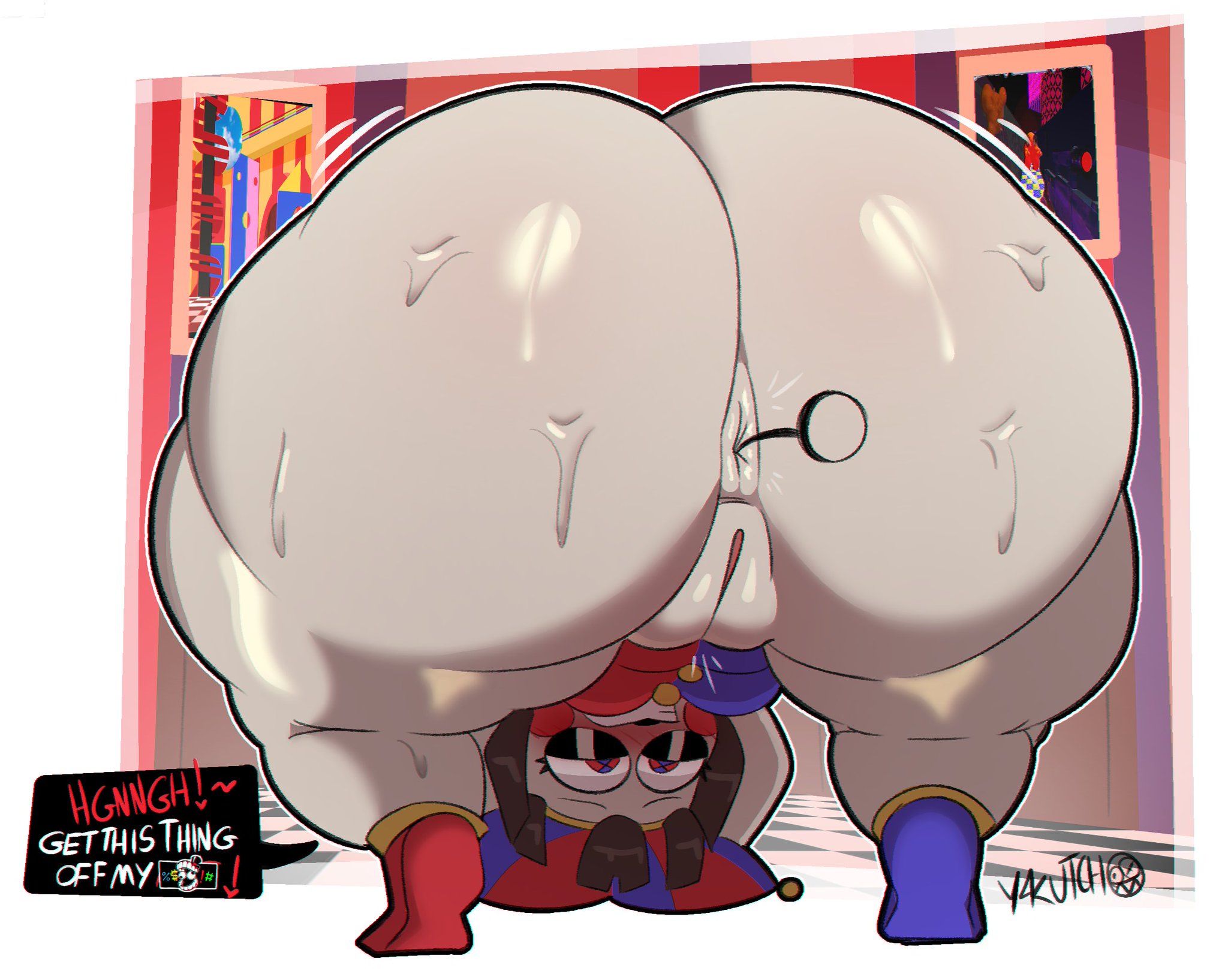 1girls, anal, ass, big ass, clown girl, english text, female only, glitch productions, huge ass, jester hat, pomni (the amazing digital circus), pussy, sweating, tagme, the amazing digital circus, y4kutch0