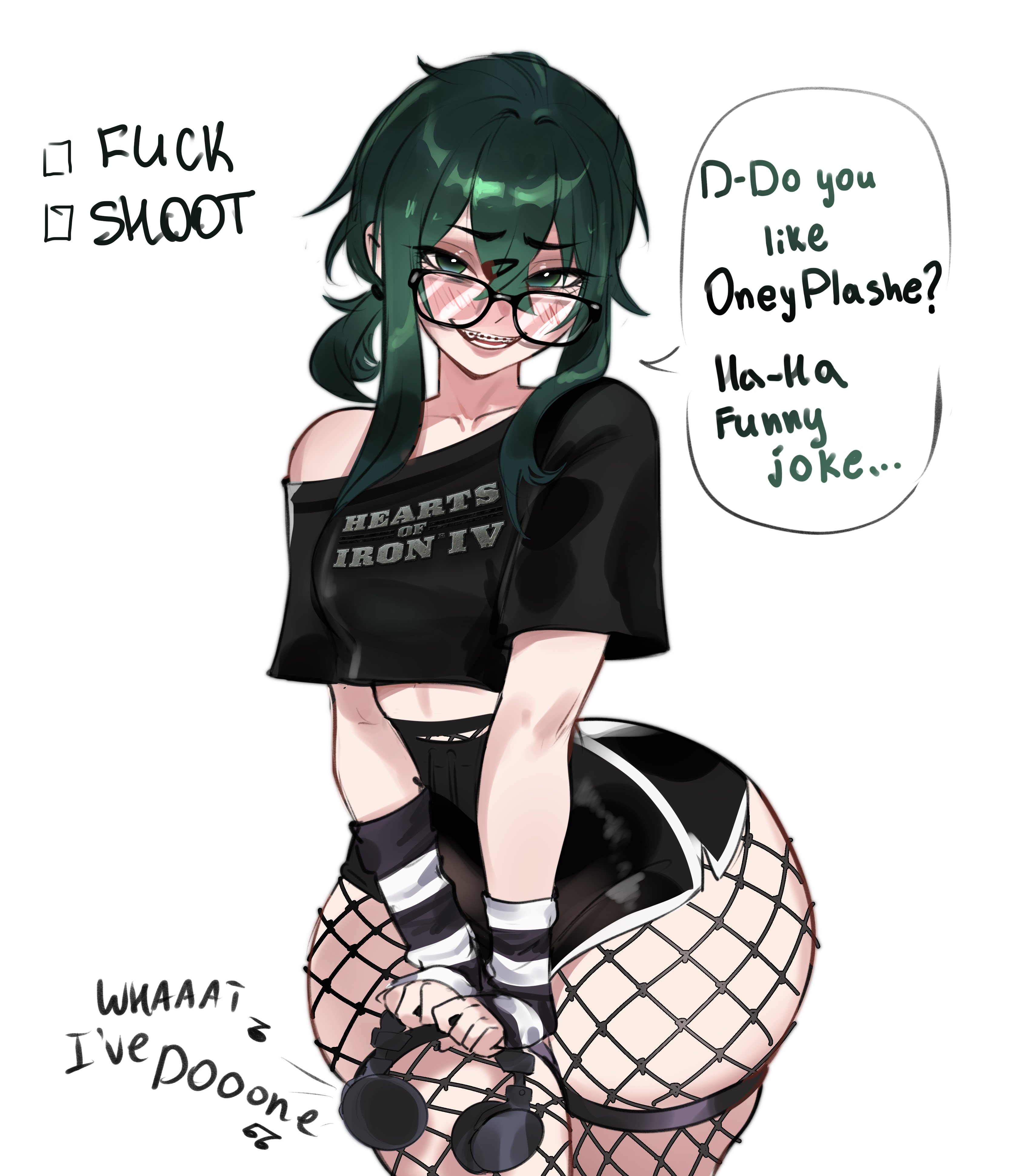 1girl, 2026, absurdres, adramallih, black shirt, black shorts, commentary, dark green hair, dolphin shorts, english commentary, fishnets, glasses, green eyes, green hair, hearts of iron 4, highres, larp, legs together, looking at viewer, nerd, nerdy female, original, ponytail, shiny skin, shirt, short hair, short ponytail, short shorts, shorts, simple background, skindentation, solo, speech impediment, standing, text, thick thighs, thigh strap, white background