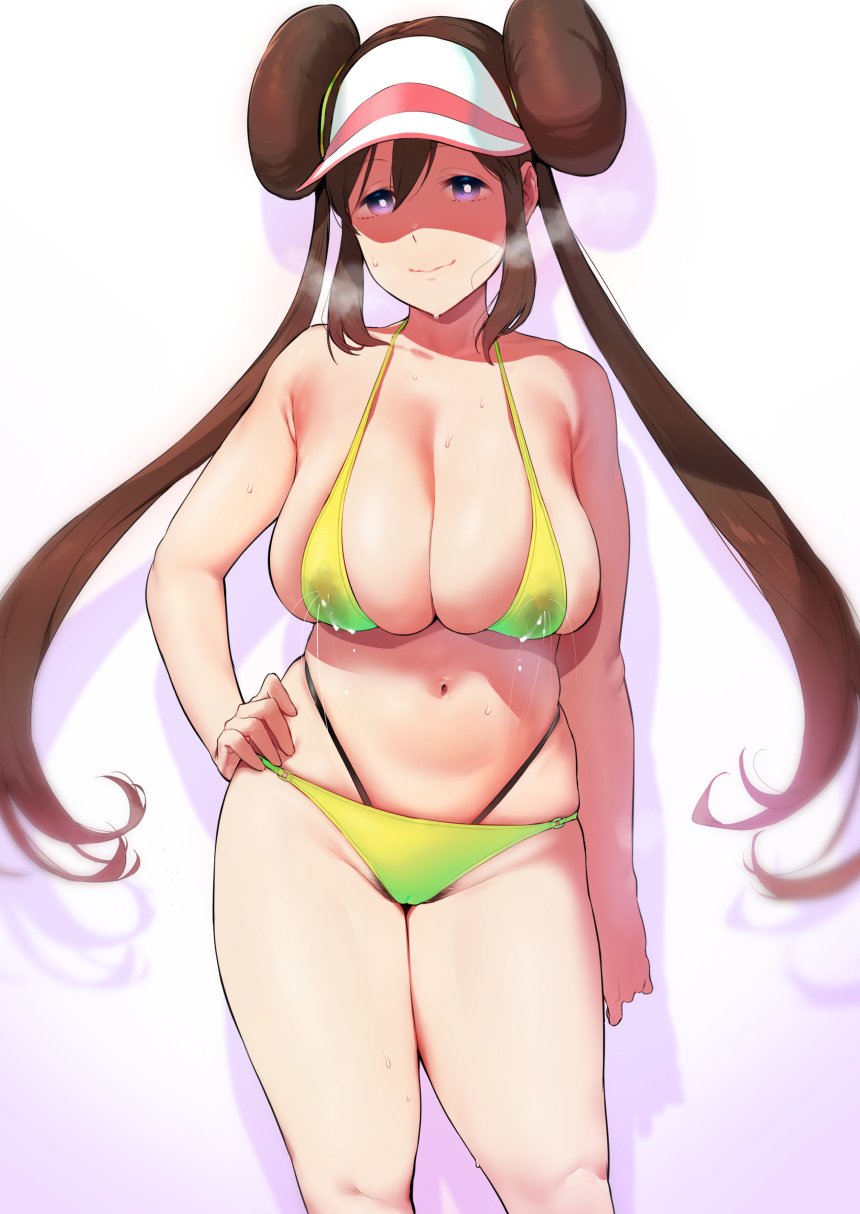 1girls, alternate outfit, areolae, armpits, big breasts, bikini, bikini top, black hair, breasts, cameltoe, cleavage, clothed, dark hair, eye contact, female, female only, half-closed eyes, heavy breathing, huge breasts, human, iku (ikuchan kaoru), lactating, lactating through clothing, lactation, lactation through clothes, large breasts, leaking, looking at viewer, midriff, milk, navel, nintendo, nipples, pokemon, pokemon bw, pussy, rosa (pokemon), sagging breasts, see-through, smile, solo, thick thighs, thigh gap, twintails, wet, wide hips