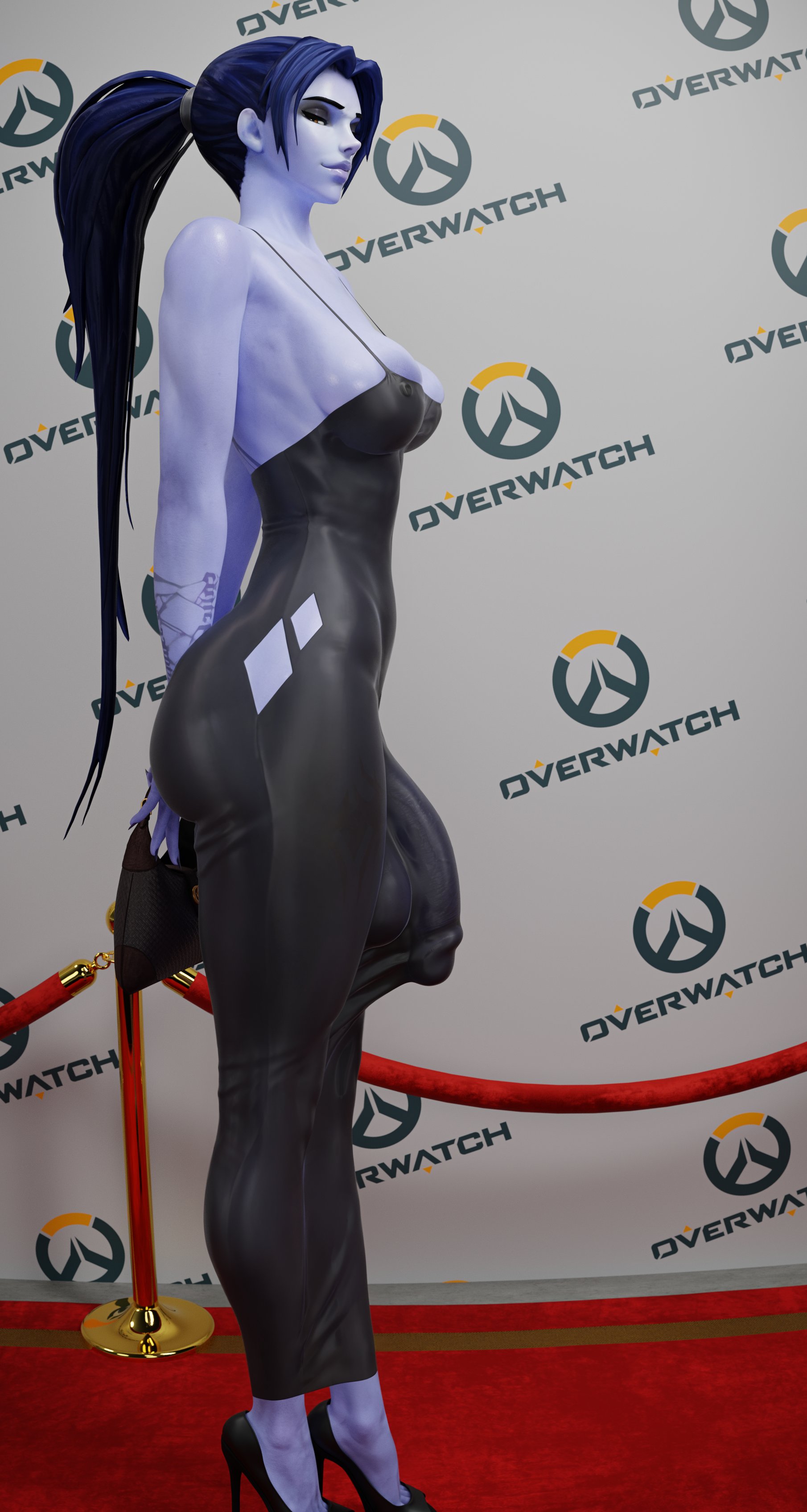 1futa, 3d, 3d (artwork), areola slip, areolae, ass, black dress, blue hair, blue skin, breasts, bulge, dress, futa only, futanari, heels, high heels, huge balls, huge cock, nipples, overwatch, overwatch 2, penis, penis outline, poney, ponytail, sexy, sexy body, side view, solo, solo futa, tagme, thick penis, thick thighs, thighs, widowmaker, zzzxxxccc