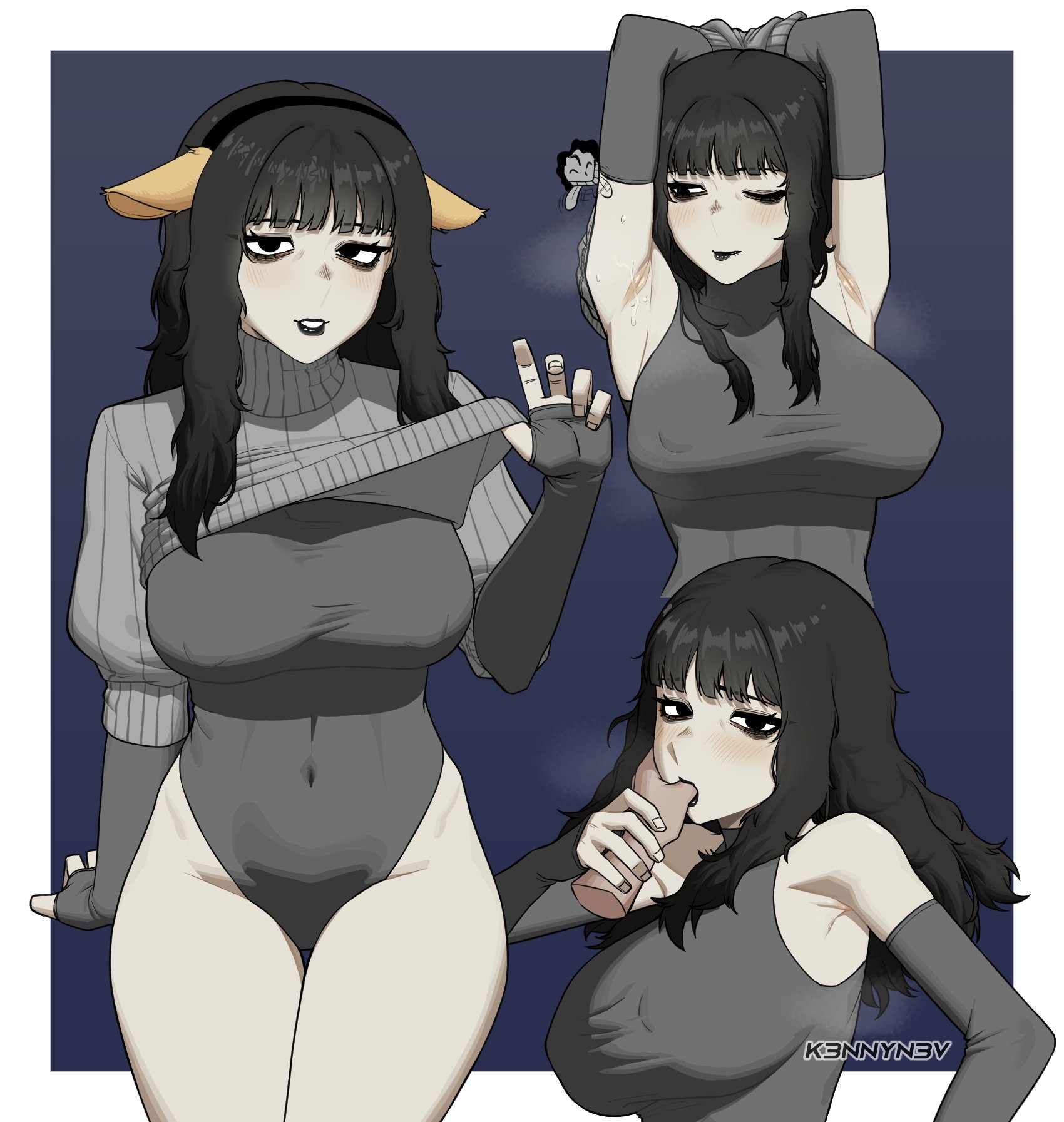 1girls, armpits, armwear, big breasts, black eyes, black hair, black lips, black lipstick, breasts, fake animal ears, female, finger in mouth, k3nnyn3v, large breasts, long hair, mature, mature female, mature woman, milf, mother, mother (lore), one eye closed, rosemary walten, simple background, the walten files, thumb in mouth, watermark