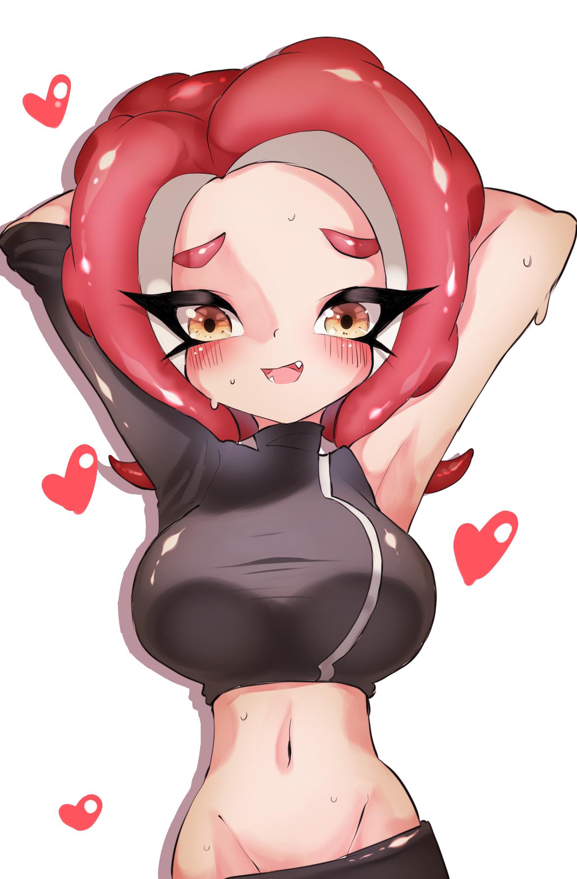 agent 8 (splatoon), armpits, blush, breasts, crop top, female, hands behind head, heart, large breasts, looking at viewer, midriff, navel, nunswa08, octoling, open mouth, pink hair, seductive, splatoon, sweat, tentacle hair, yellow eyes