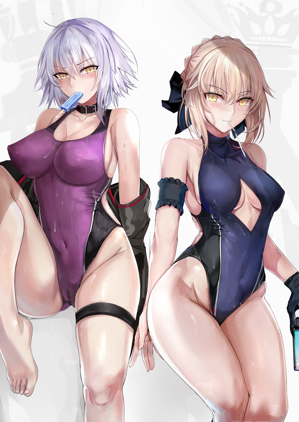 2girls ahoge arm_garter artoria_pendragon artoria_pendragon_(alter) bangs bare_shoulders black_jacket black_ribbon black_swimsuit blonde_hair blue_swimsuit blush braid breasts cameltoe candy cleavage cleavage_cutout collar collarbone covered_navel erect_nipples fate/grand_order fate_(series) feet female_only food french_braid gloves hair_between_eyes hair_bun hair_ribbon halterneck highres impossible_clothes jacket jeanne_alter knee_up large_breasts leg_garter legs lollipop long_hair looking_at_viewer medium_breasts misaka12003 misaka_12003-gou misako12003 mouth_hold multiple_girls nipple_bulge one-piece_swimsuit open_clothes open_jacket popsicle purple_swimsuit ribbon short_hair silver_hair smile swimsuit thighs two-tone_swimsuit wet white_background yellow_eyes