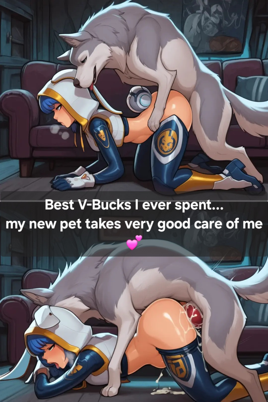 1feral, 1girl, 2koma, ahe gao, ai generated, ass up, bestiality, blush, bodysuit, bunnii o'hare (fortnite), bunny ears, bunny girl, bunny tail, caption, cum, cum dripping, cum dripping out of pussy, cum in pussy, cum on floor, dog, doggy style, doggystyle, fortnite, knotted, knotted penis, knotting, medium breasts, penis awe, shindhas, snapchat, stomach bulge, text, torn clothes, vaginal sex, zoophilia
