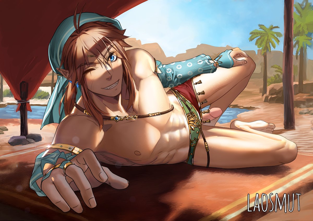 1boy abs blue_eyes breath_of_the_wild desert erection gerudo_link grin laosmut laovaan link link_(breath_of_the_wild) looking_at_viewer lying_on_side male_only muscular nintendo oasis on_side one_eye_closed outdoors palm_tree penis pointy_ears pose presenting rug skirt smile solo the_legend_of_zelda water