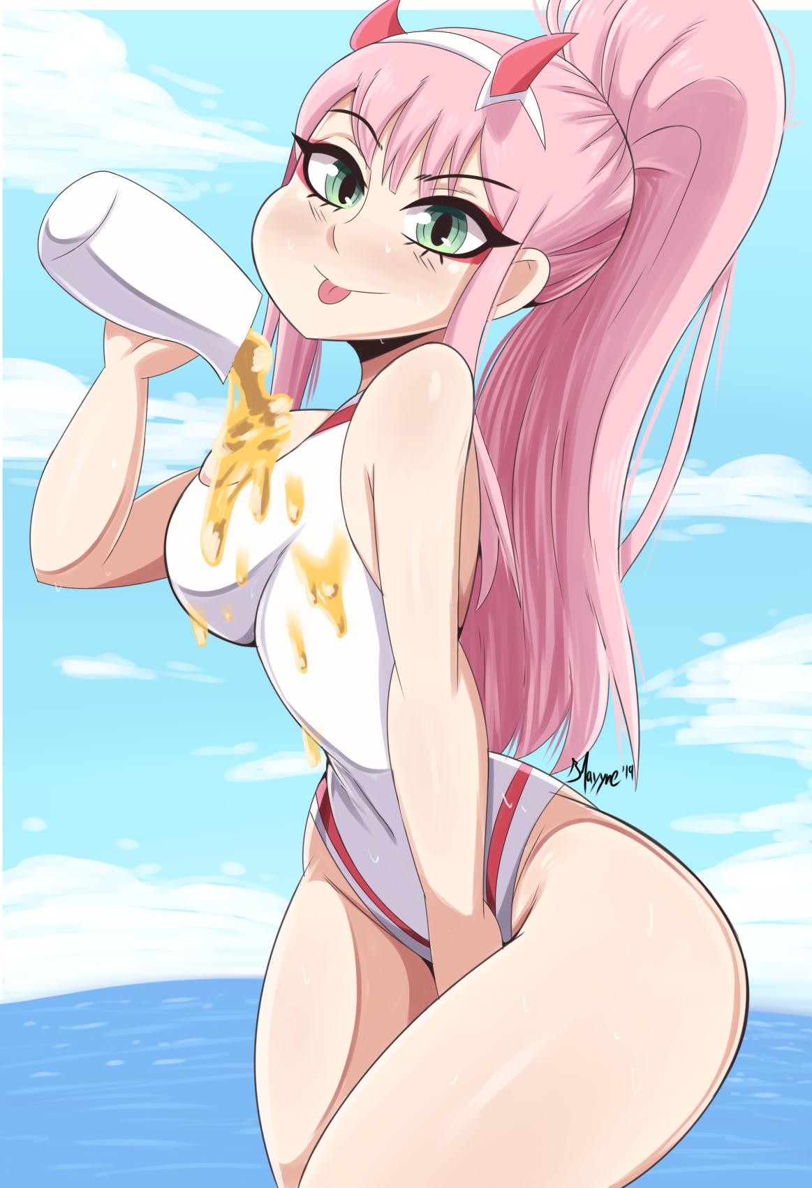 1girls, artist name, bmayneart, breasts, clothing, darling in the franxx, female, female only, green eyes, hair, horns, pink hair, solo, swimsuit, thighs, zero two (darling in the franxx)