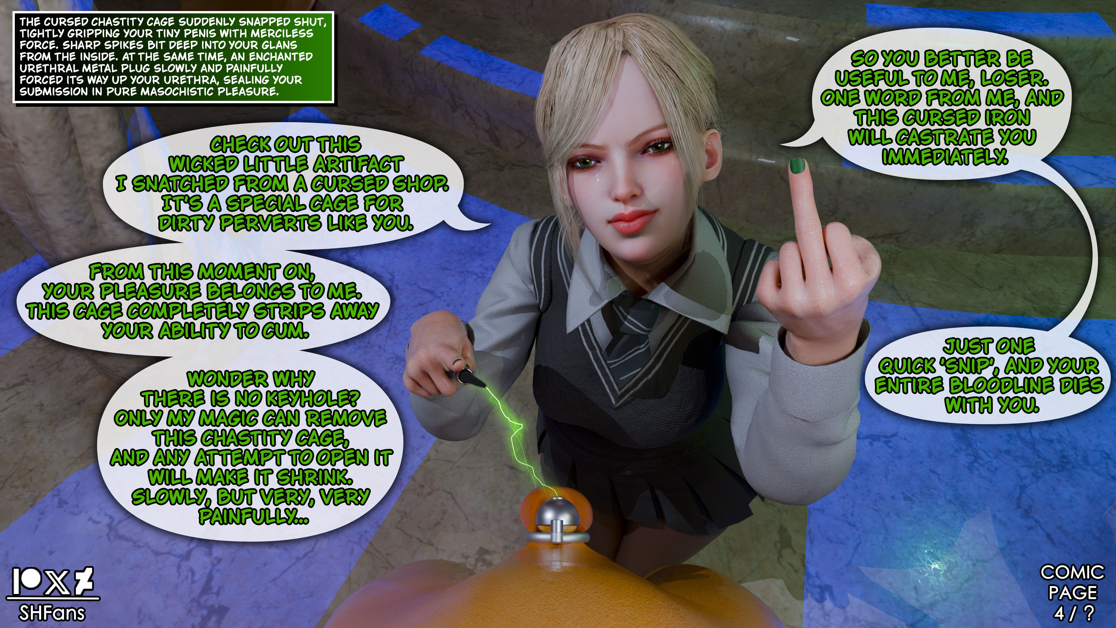1boy, 1girl, 3d, 3d (artwork), 3d artwork, 3d render, bdsm, black robe, black skirt, blender (software), blonde female, blonde hair, blush, breasts, busty, busty female, castle, chastity, chastity cage, chastity device, cheating, cheating (relationship), cheating female, cheating girlfriend, clothed, clothed female, comic, comic page, comic panel, couple, cuck, cucked into chastity, cuckold, cuckold pov, cuckolding, curse, cursed clothing, cursed item, cursed object, deviantart, deviantart link, deviantart url, deviantart username, dominant, dominant female, domination, dominatrix, draco malfoy (redteneri), dress, dressed, earrings, evil, evil eyes, evil face, evil girl, evil grin, evil smile, eye contact, fantasy, female, female domination, female focus, femdom, genderswap, genderswap (mtf), gentle femdom, green eyes, green necktie, half-closed eyes, halloween, harry potter, harry potter (series), hogwarts, hogwarts robe, hogwarts school uniform, hogwarts student, holding breast, holding breasts, holding breasts up, huge breasts, humiliation, immobile, immobilization, immobilized, insult, jewelry, large breasts, laying down, legs, legs up, legwear, lingerie, lips, looking at viewer, loser, loser gesture, magic, magic wand, magical girl, male, mascara, middle finger, nails, netorare, night, ntr, panties, pantyhose, patreon, patreon exclusive, patreon link, patreon logo, patreon only post, patreon url, patreon username, permalocked, permanent, permanent bondage, permanent chastity, permanent chastity device, permanent orgasm denial, pinching gesture, pleasure face, pleated skirt, pointing, pov, pov eye contact, pov male, rain, raining, red lipstick, relationship, robe, school uniform, shfans, short hair, sitting, skinny, skirt, slim waist, slytherin, slytherin dungeon, slytherin tie, small penis, small penis humiliation, soles female, soles fetish, soles focus, solo, solo female, sph, strong, strong female, submissive, submissive male, submissive pov, tease, teasing, teasing cuck, teasing nipple, teasing viewer, text, thighs, tights, timer, tiny penis, wet, wet body, wet skin, wide hips, witch, witch (harry potter), wizarding world