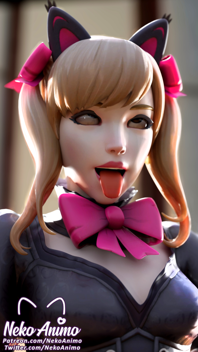 3d ahe_gao alternate_costume black_cat_d.va blonde_hair cat_ears cross-eyed d.va dirty_blonde_hair eye_roll fake_ears female nekoanimo nekod.va overwatch pink_ribbon ribbon solo tied_hair tongue tongue_out twintails url watermark