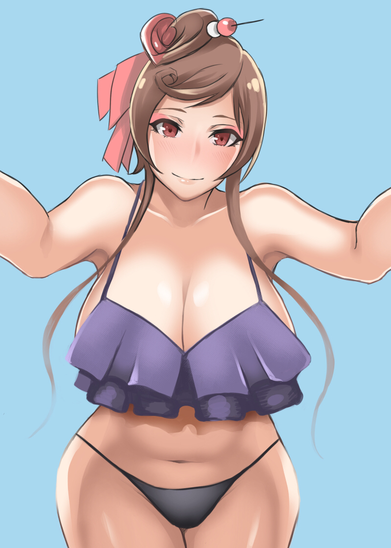 1girls, bare shoulders, big breasts, blush, breasts, brown hair, cleavage, female, female only, hair ornament, huge breasts, large breasts, looking at viewer, shibusun, solo, swimsuit, yuugiri (zombie land saga), zombie land saga