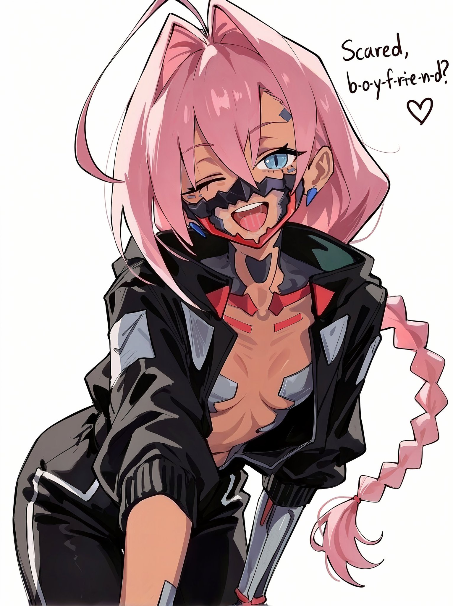 1girls, blue eyes, blue eyes female, boobs, breasts, cyberpunk 2077, cyberpunk: edgerunners, earrings, eyebrows visible through hair, female, hair between eyes, navel, pink hair, pink hair female, simple background, talia yang, talking, text, tits, woman