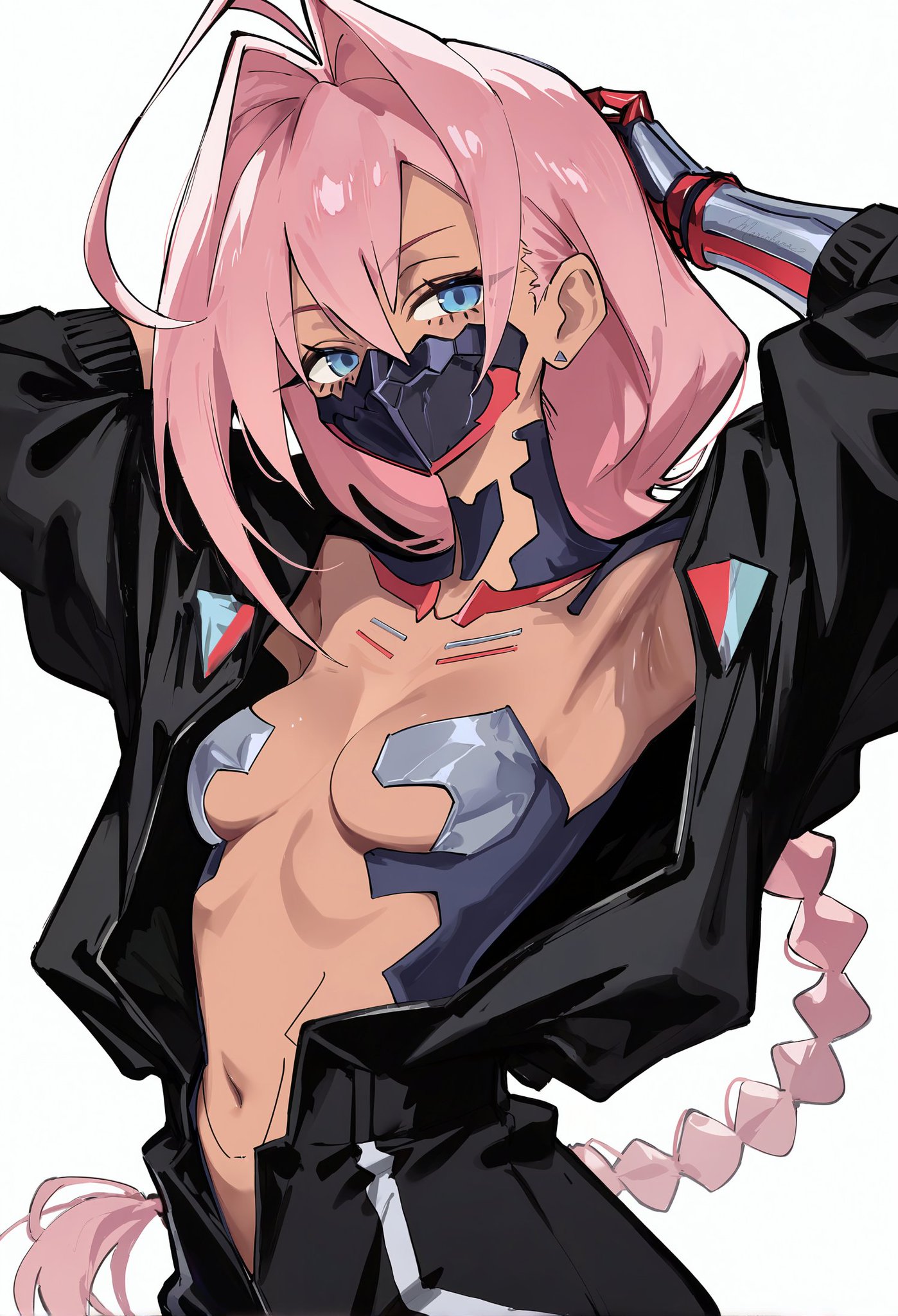 1girls, blue eyes, blue eyes female, boobs, breasts, cyberpunk 2077, cyberpunk: edgerunners, earrings, eyebrows visible through hair, female, hair between eyes, navel, pink hair, pink hair female, simple background, talia yang, talking, text, tits, woman