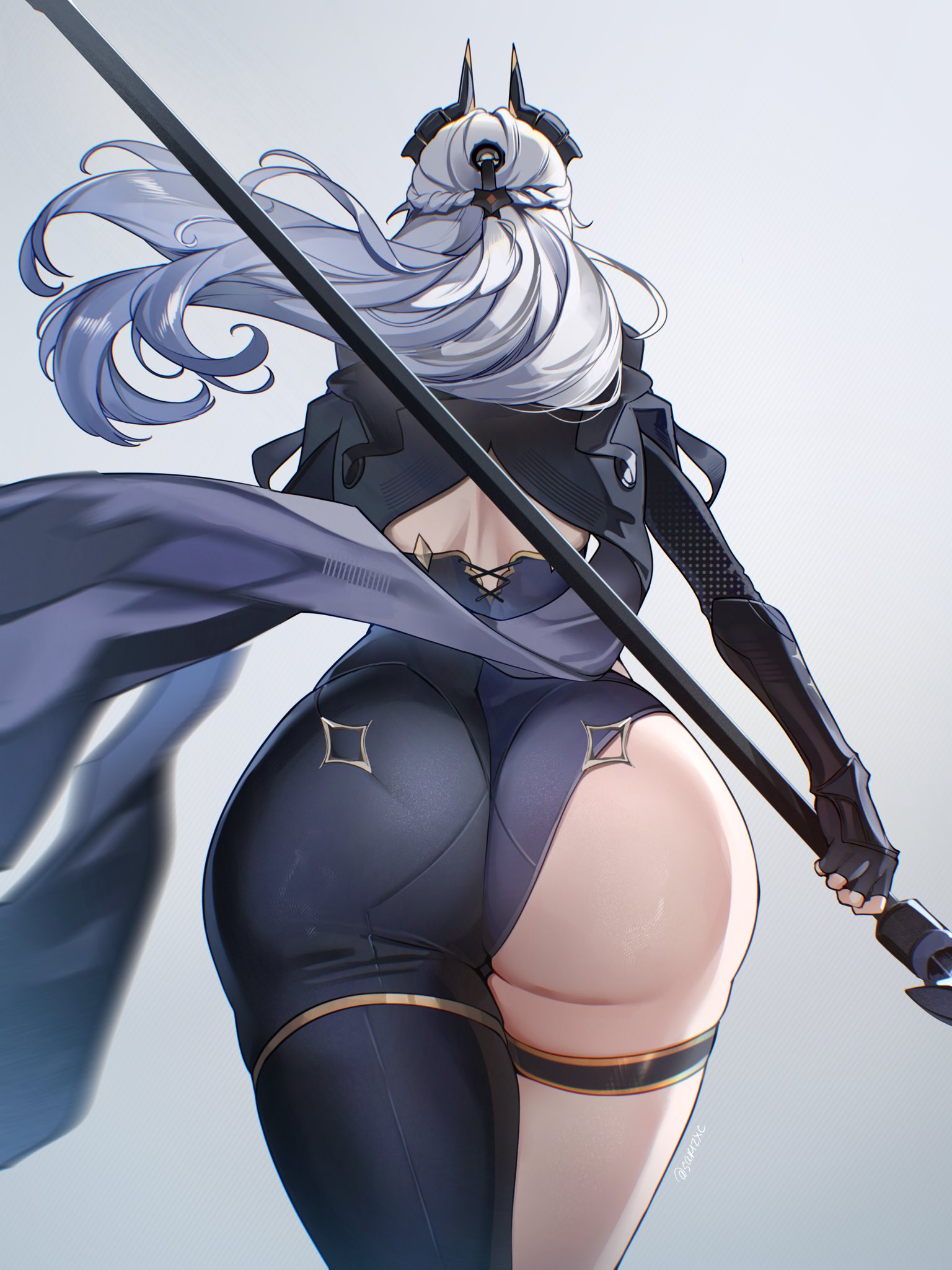 1girl, ass, ass focus, black bodysuit, black horns, bodysuit, commentary, eldreda sunbringer, floating hair, grey hair, highres, holding, holding polearm, holding weapon, horns, huge ass, long hair, polearm, sakichka, single leg bodysuit, solo, thick thighs, weapon, zenless zone zero