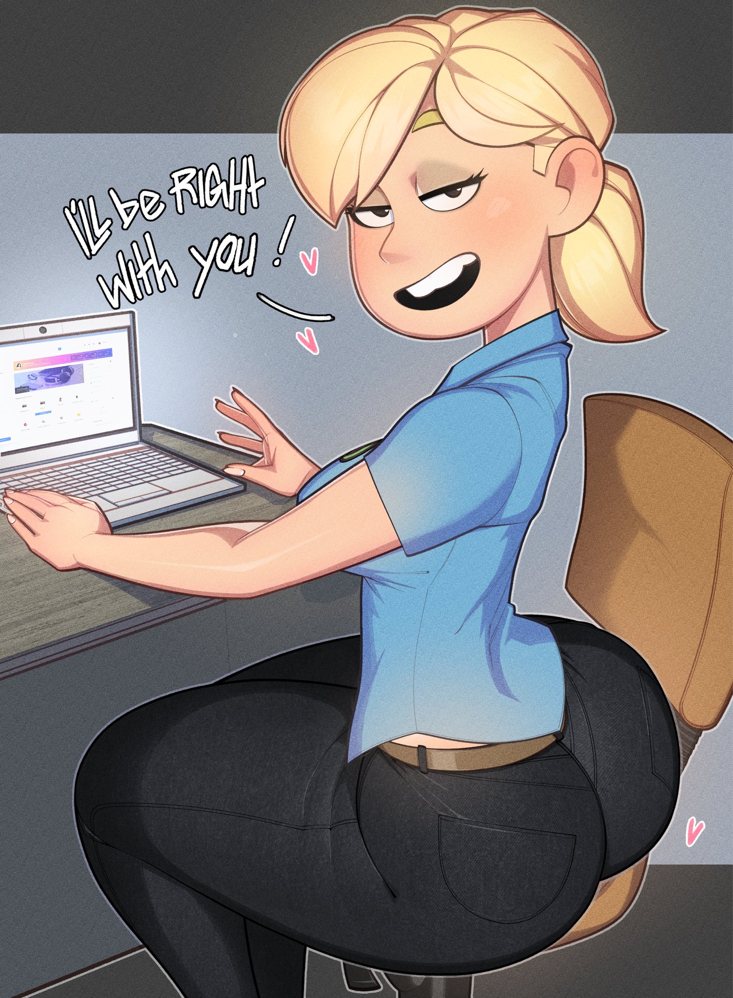 ass too big, big ass, blonde female, blonde hair, hearts, hearts around head, minicop2001, office chair, office clothing, office lady, smiling, tech team girl (the bad guys 2), the bad guys 2