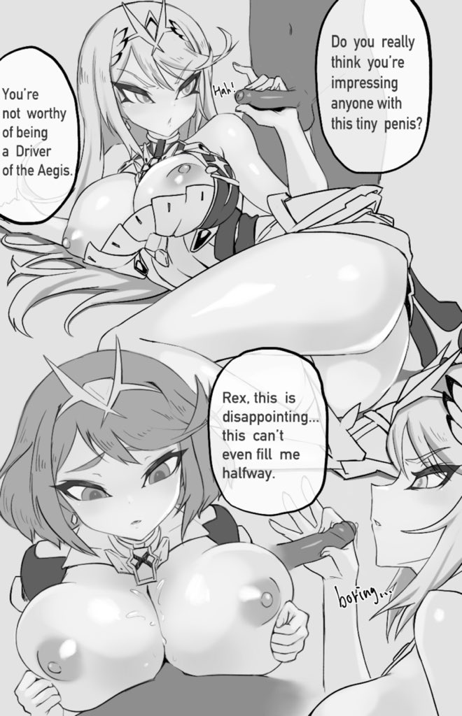 1boy, 2girls, annoyed, areolae, ass, big breasts, breasts, dark skin, dark-skinned male, disappointed, engulfing paizuri, erection, faceless male, female, femdom, foreskin, handjob, jtveemo, large breasts, male, monochrome, multiple females, multiple girls, mythra, nipples, paizuri, penis, pyra, rex (xenoblade), small penis, small penis humiliation, straight, uncircumcised, uncut, uninterested sex, xenoblade (series), xenoblade chronicles 2