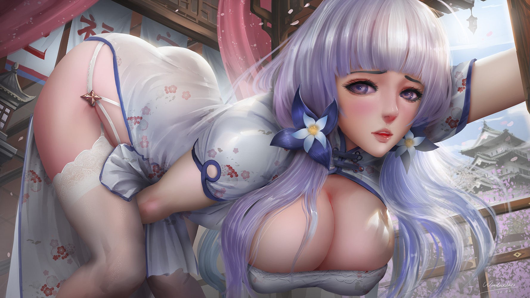 ass, azur lane, bent over, big ass, big breasts, breasts, cleavage, female, female only, illustrious (azur lane), large breasts, panties, solo, thighhighs, windwalker