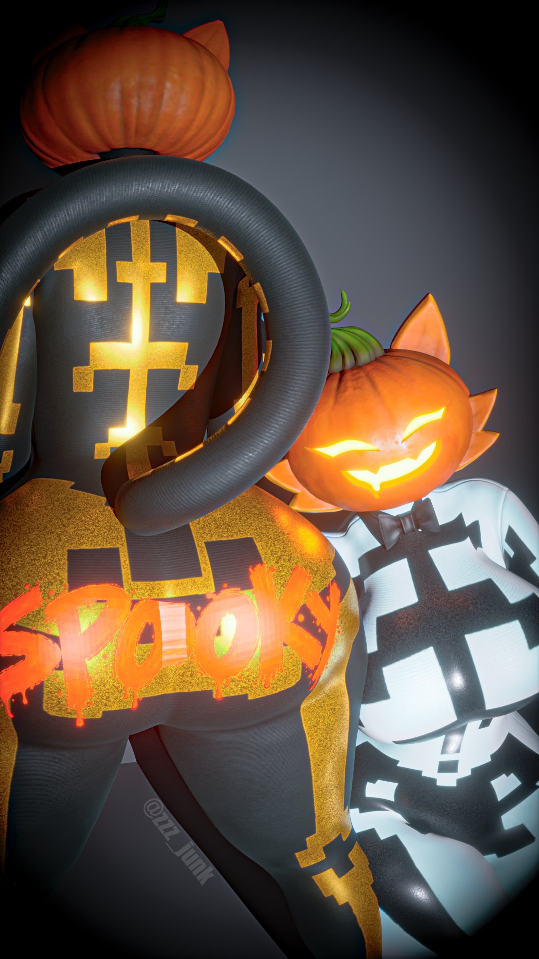 2girls, 3d, anthro, ass, ass focus, big ass, big breasts, big butt, boobs, bowtie, breasts, butt, butt focus, curvaceous, curvy, curvy female, curvy figure, duo, english text, epic games, female, female only, for a head, fortnite, fortnite: battle royale, fortnitemares, glistening, halloween, huge ass, legs apart, looking at viewer, neckwear, object head, pumpkin, pumpkin head, smile, smiling, spice (fortnite), sugar (fortnite), tail, text, text on body, thighs, voluptuous, voluptuous female, wide hips, writing on body, zzz junk