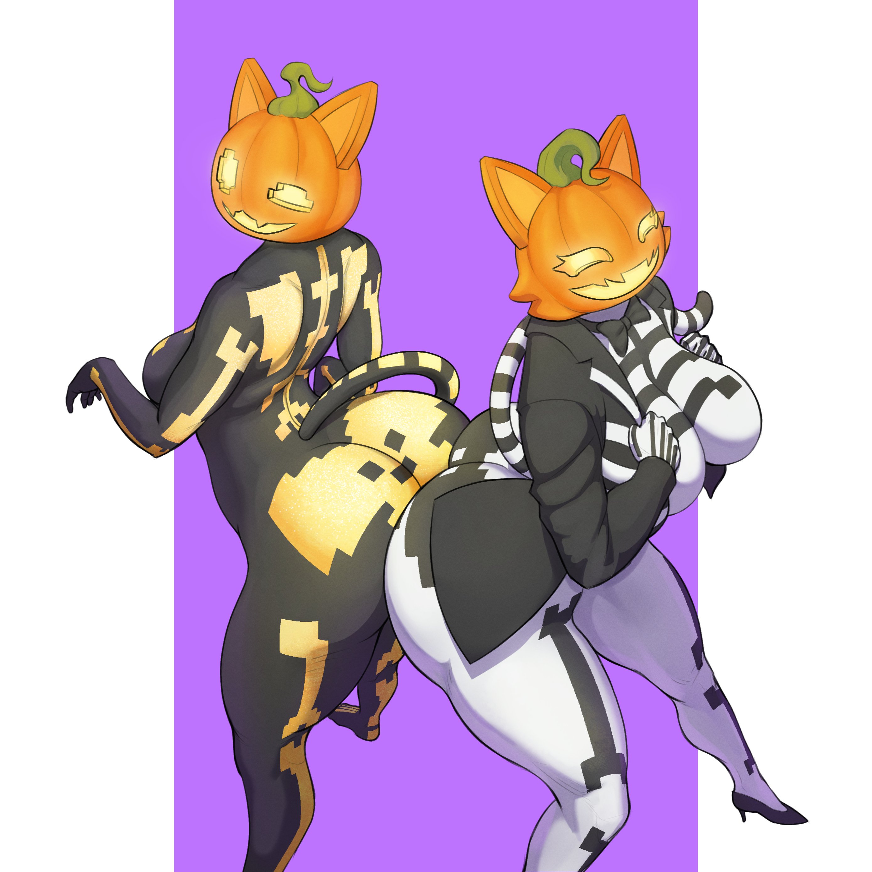 2026, 2d, 2girls, anthro, artist request, ass, ass to ass, ass-to-ass, big ass, big butt, boobs, bowtie, breasts, butt, butt to butt, curvy, curvy figure, duo, epic games, female, female only, for a head, fortnite, fortnite: battle royale, fortnitemares, halloween, heels, legs apart, looking at viewer, neckwear, object head, pumpkin, pumpkin head, simple background, smile, spice (fortnite), sugar (fortnite), tagme, tail, thighs, tits, wide hips