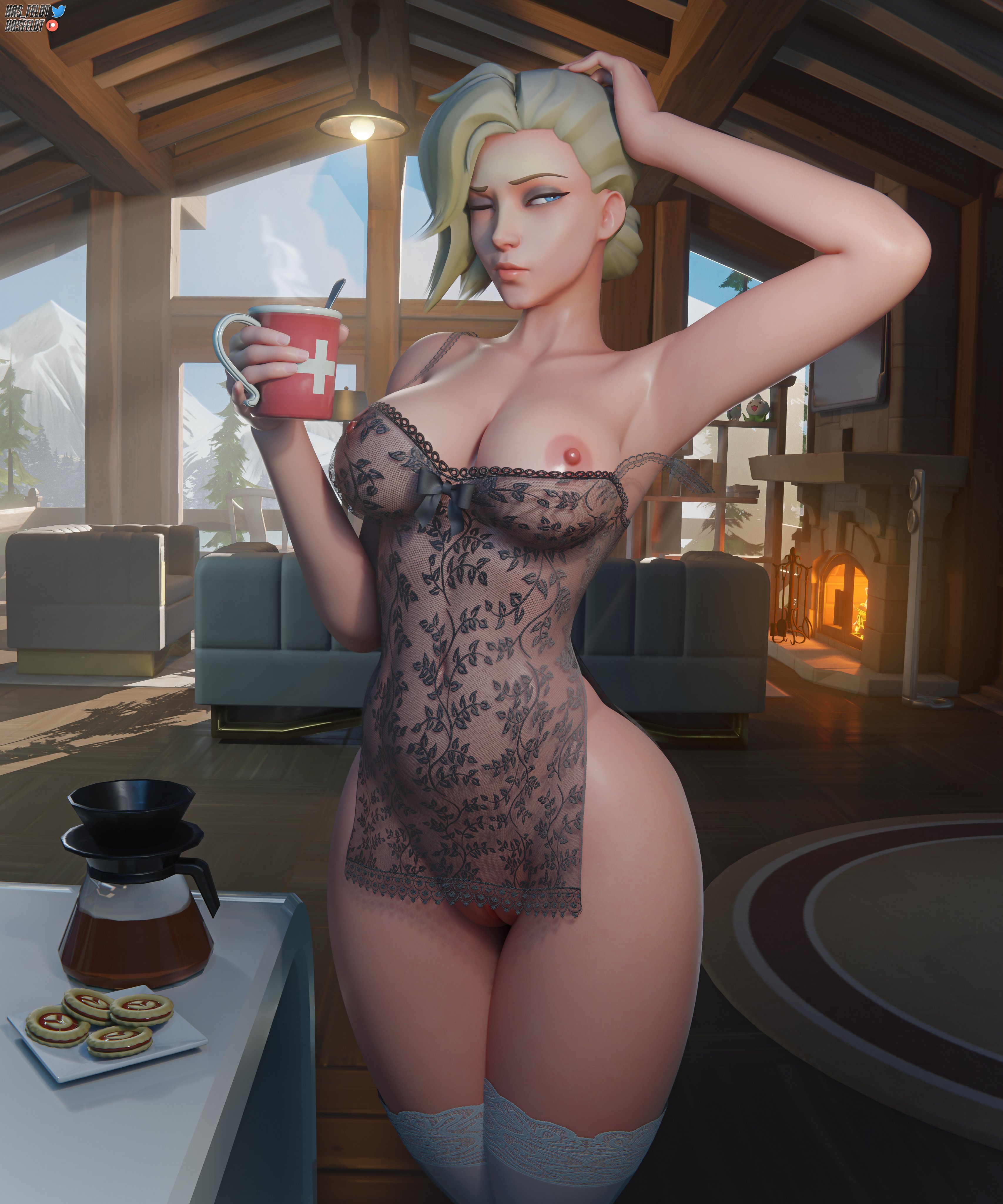 1girl, 3d, areolae, big breasts, blender, blizzard entertainment, blonde hair, blue eyes, breasts, dress, female, female only, hasfeldt, lingerie, mercy, nipples, overwatch, pussy, see-through, see-through clothing, solo, solo female, thick thighs, thighhighs, wide hips