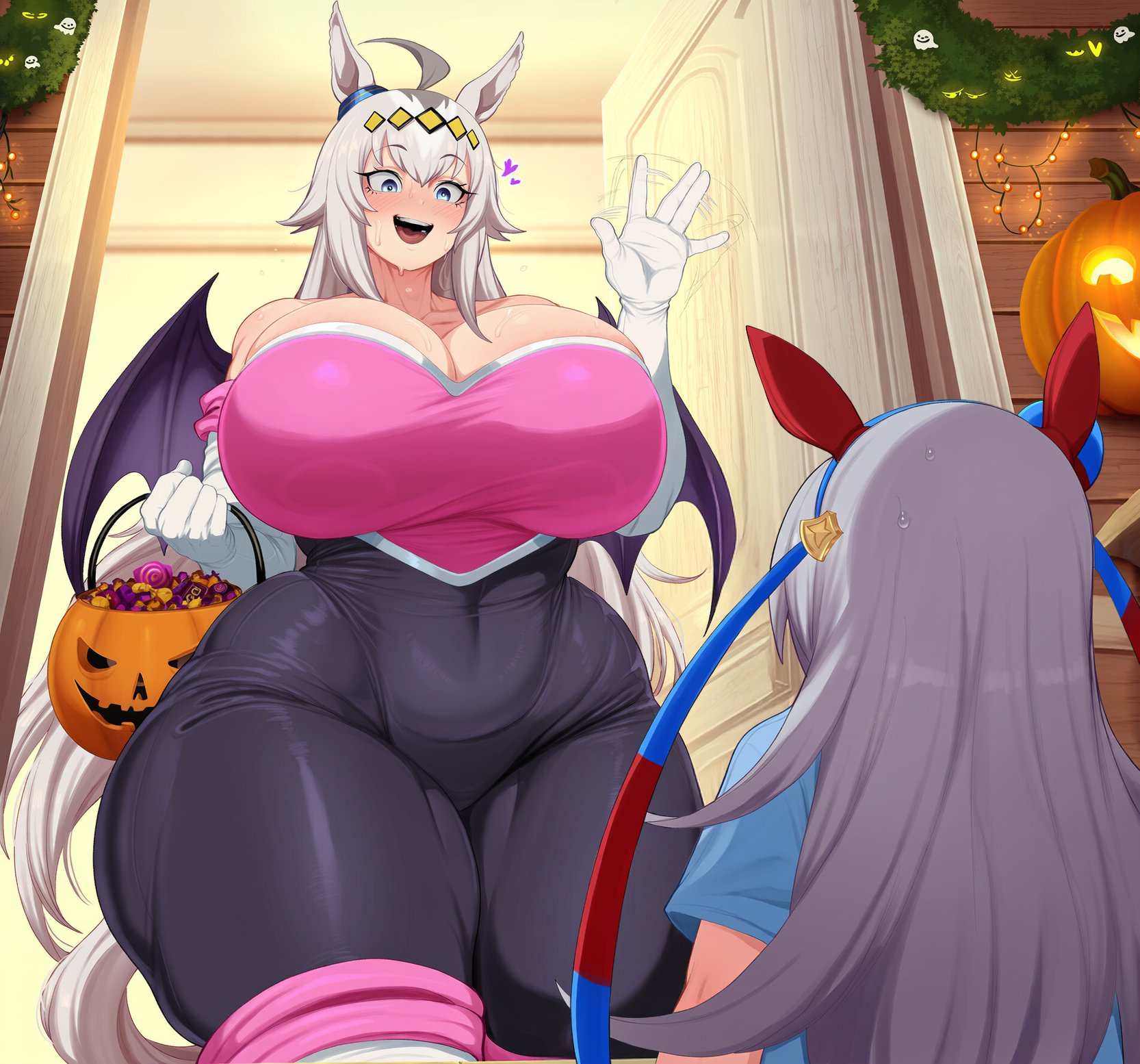1futa, 1girls, 2026, ai generated, bat wings, blue eyes, blushing, bodysuit, bursting breasts, candy, casual, casual exposure, casual nudity, cleavage, el memc, female, futa on female, futanari, grey hair, horny, horny female, horny futa, horse ears, horse girl, horse tail, hung futa, imminent rape, imminent sex, implied futa, looking at partner, looking pleasured, memch0, milf, mommy, musk, musk clouds, oguri cap (umamusume), pumpkin, pumpkin basket, rouge the bat (cosplay), smaller futa, sonic (series), sweat, sweatdrop, sweating, sweaty, taller female, tamamo cross (umamusume), tight bodysuit, tight clothing, umamusume, umamusume pretty derby, waving, white hair
