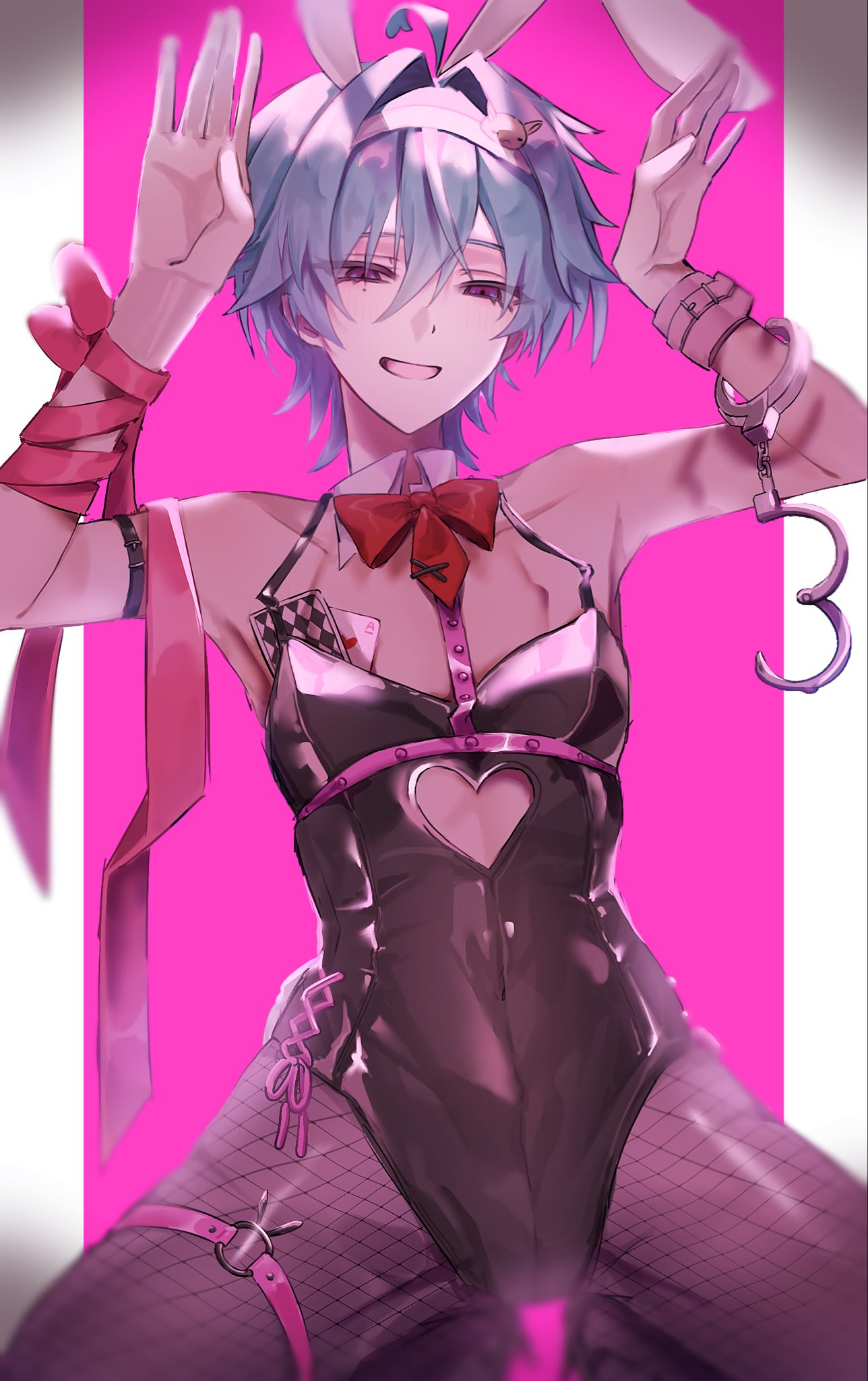1boy, 2026, 2d, ahoge, artist request, bruise, bruise on arm, bunny boy, bunny costume, bunny ears, card, cuffs, femboy, genshin impact, green eyes, handcuffs, hands up, highres, injury, kneeling, lohen (genshin impact), male focus, mole, mole under eye, open mouth, playboy bunny, playing card, rabbit hole (vocaloid), red ribbon, ribbon, solo, tagme, thigh strap