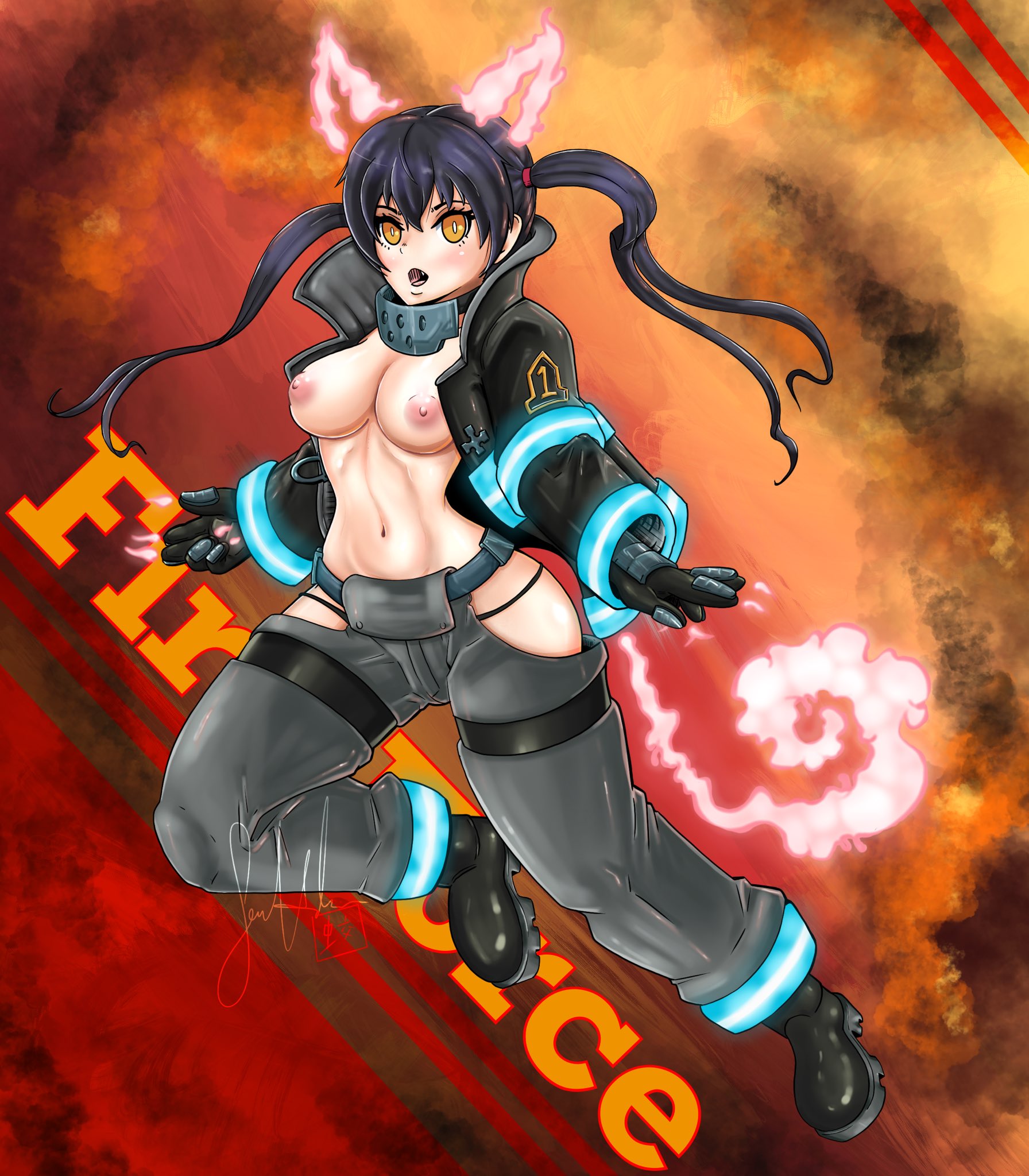 1girls, animal ears, areolae, bangs, black hair, blush, boots, breasts, cat ears, cat tail, cleavage, copyright name, curvy, cute fang, enen no shouboutai, fake animal ears, female, female only, fire, fire force, flying, footwear, full body, g-string, gloves, hair between eyes, highres, human, jacket, kotatsu tamaki, large breasts, long hair, mizuchisensei, navel, nipples, open jacket, open mouth, pants, perky breasts, signature, solo, tagme, toned, twintails, very long hair, whale tail