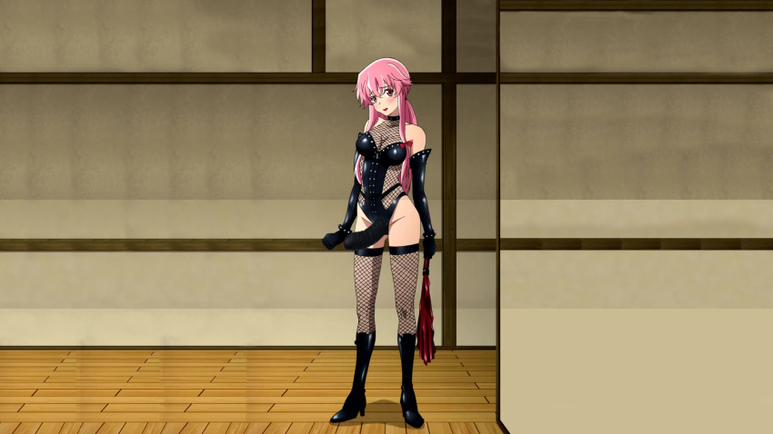 bondage dominatrix edit female female_only gasai_yuno looking_at_viewer mirai_nikki photoshop pink_eyes pink_hair solo strap-on