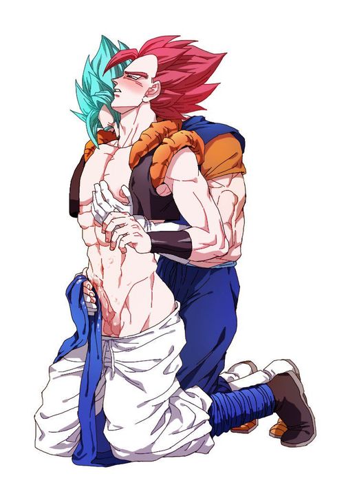 2boys cum cum_outside cumshot dragon_ball dragon_ball_super from_behind fusion gay gogeta goku_ssj_4 handjob male male_only metamoran_clothing muscles muscular muscular_male penis potara_earrings son_goku super_saiyan_blue super_saiyan_god vegeta vegito white_background yaoi