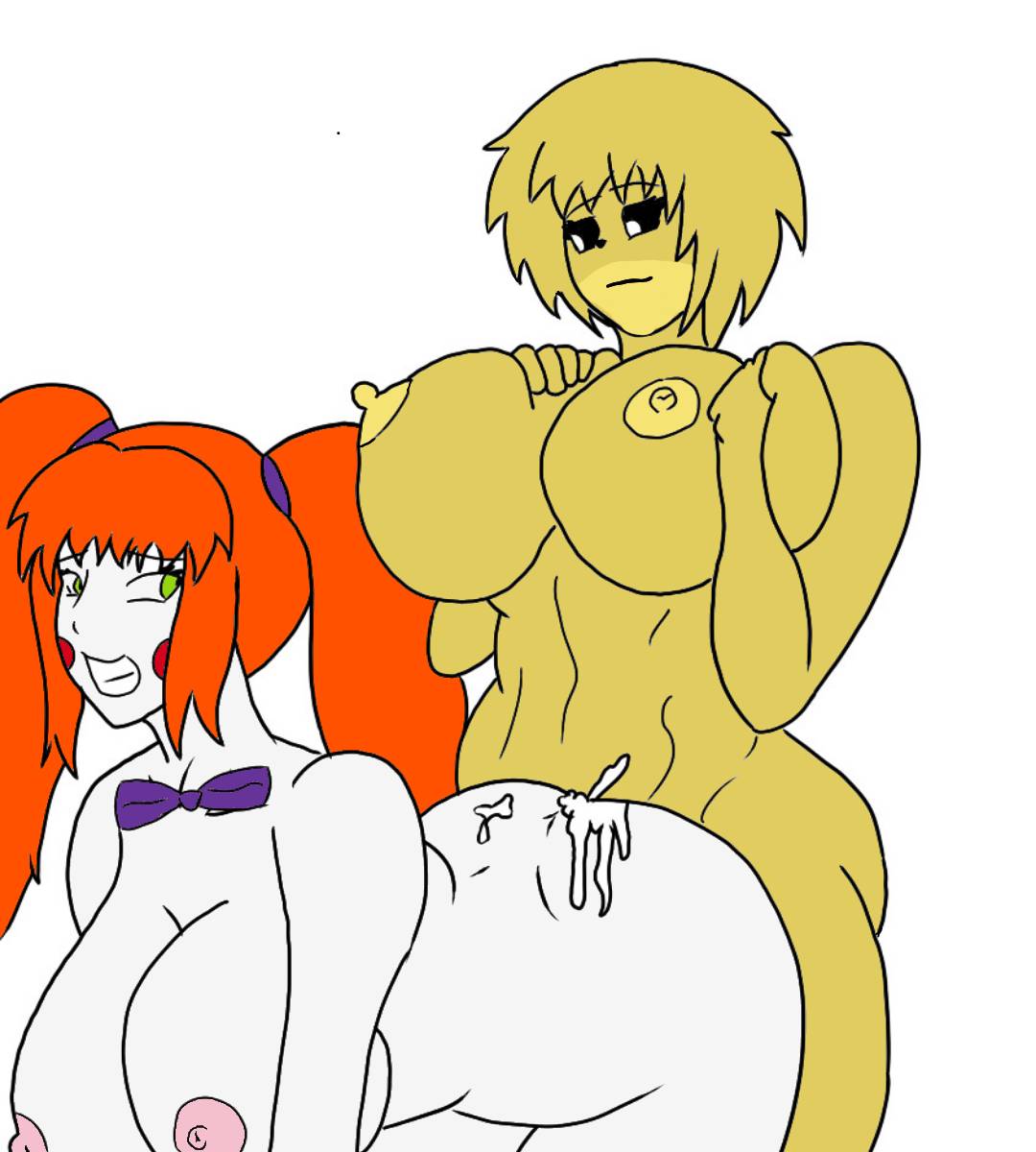 1futa, 1girls, ass, baby (fnafsl), big ass, big breasts, black eyes, breasts, circus baby, circus baby (fnaf), circus baby (fnia), colored, cum on ass, doggy style, female, five nights at freddy's, five nights at freddy's: sister location, five nights in anime, fnia, from behind, futa on female, futanari, golden freddy, golden freddy (fnaf), golden freddy (fnia), grabbing own breast, green eyes, huge ass, huge breasts, intersex, orange hair, shinagawasama, smile, white background, white eyes, white skin, yellow hair, yellow skin