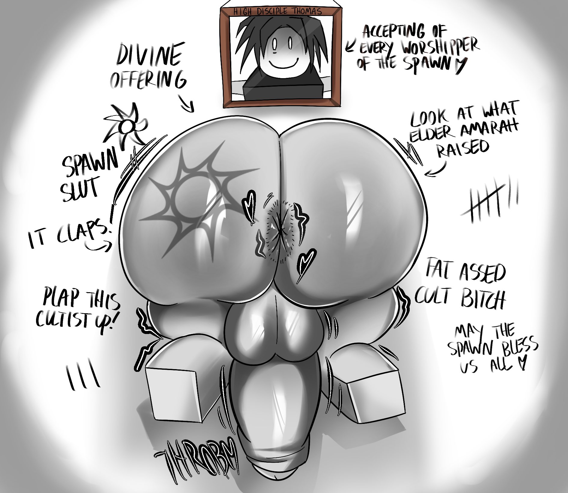 1boy, anus, ass, ass focus, backsack, balls, big ass, big butt, black hair, blocky body, bottomless, butt, english text, fat ass, fat butt, forsaken (roblox), heart, huge ass, huge butt, male, male only, nzzh0, penis, photo, photo (object), picture frame, roblox, roblox game, robloxian, solo, source request, stuck, stuck in wall, tattoo, tattoo on butt, text, thick ass, thick butt, two time, writing on wall