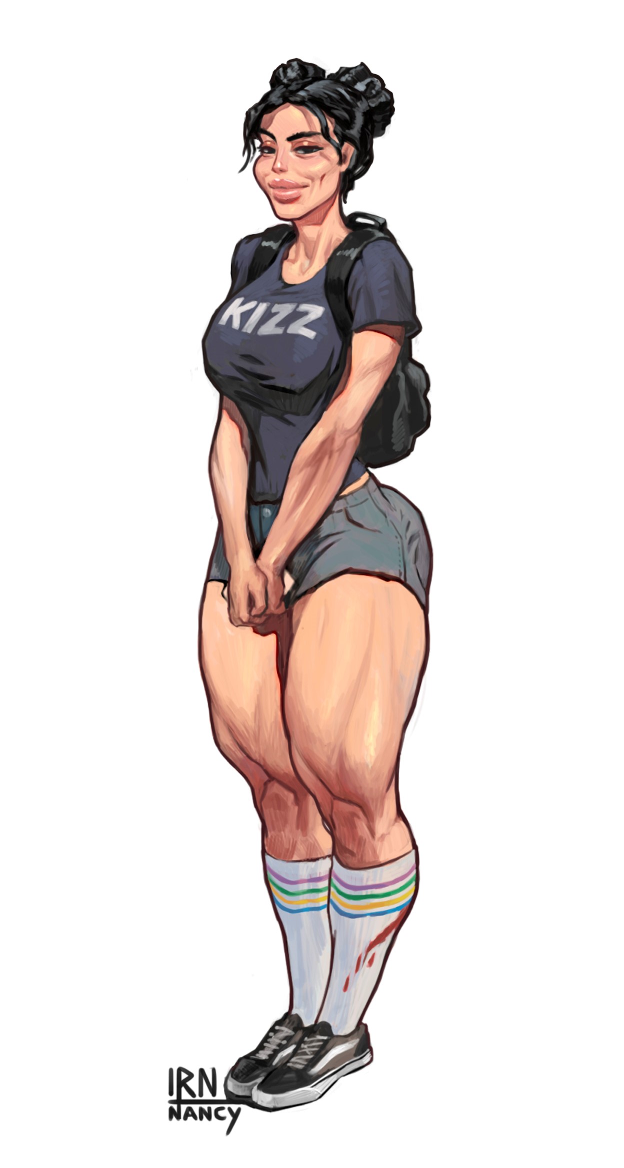 1girls, ass, backpack, big ass, big breasts, big hips, big legs, bloodstain, breasts, dark hair, evil smile, female, female only, hair bun, hair buns, hairbun, iranon, kneesocks, muscular, muscular female, muscular legs, original, original character, shorts, shy, smile, sneakers, socks, solo, solo female, tagme