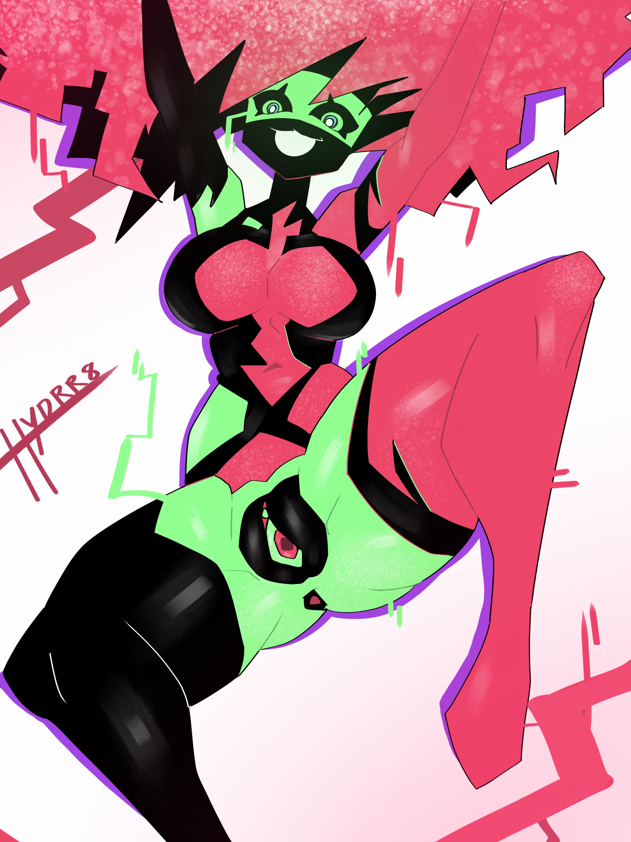 2d, 2d (artwork), ai female, artifical vagina, artificial intelligence, big breasts, black body, capri, colorful, colorful hair, cybernetics, cyberpunk 2077, cyberpunk: edgerunners, cyberpunk: edgerunners 2, digital drawing (artwork), digital media (artwork), glitch, glitch effect, green body, green eyes, heels, hydrr8, pussy, pussy spreading, red body, red hair, robot, robot girl, white background