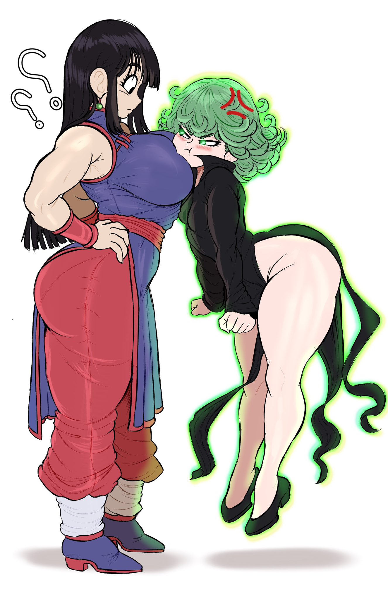 ?, ??, 2girls, angry, angry vein, ass, big ass, big breasts, black hair, blush, breasts, chichi, clothed female, crossover, dragon ball, female, female only, floating, green eyes, green hair, head on breasts, height difference, kwalker1009, long hair, muscles, one-punch man, petite female, pout, pouting, short hair, tagme, tatsumaki, thick, thick ass, thick thighs, thighs, white background