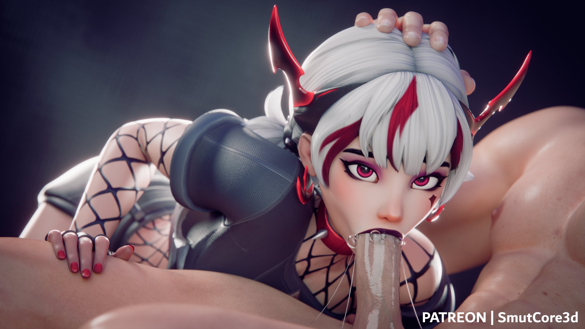 1boy, 1girls, 2026, 3d, 3d model, 3d render, artist name, black lipstick, blizzard entertainment, blowjob, fellatio, female, fishnets, juno (overwatch), male, oral, oral sex, overwatch, overwatch 2, red eyes, saliva, saliva on penis, sex, smutcore3d, sucking, sucking penis, watermark, white hair
